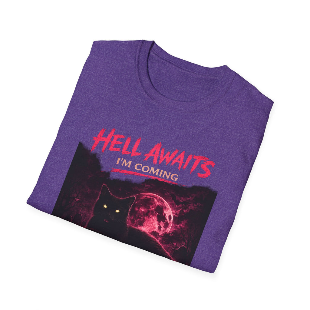 Hell Awaits I'm Coming cat graphic T-Shirt | Gothic moon, neon pink horror