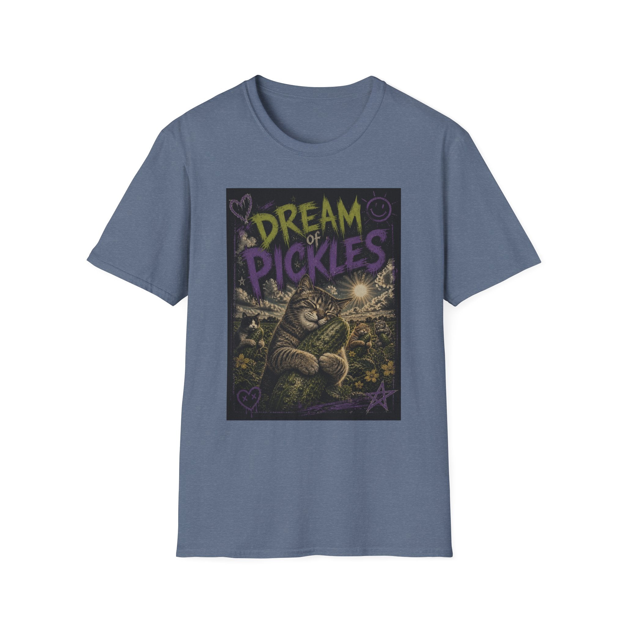Dream of Pickles cat illustration T-Shirt | whimsical night scene, purple text