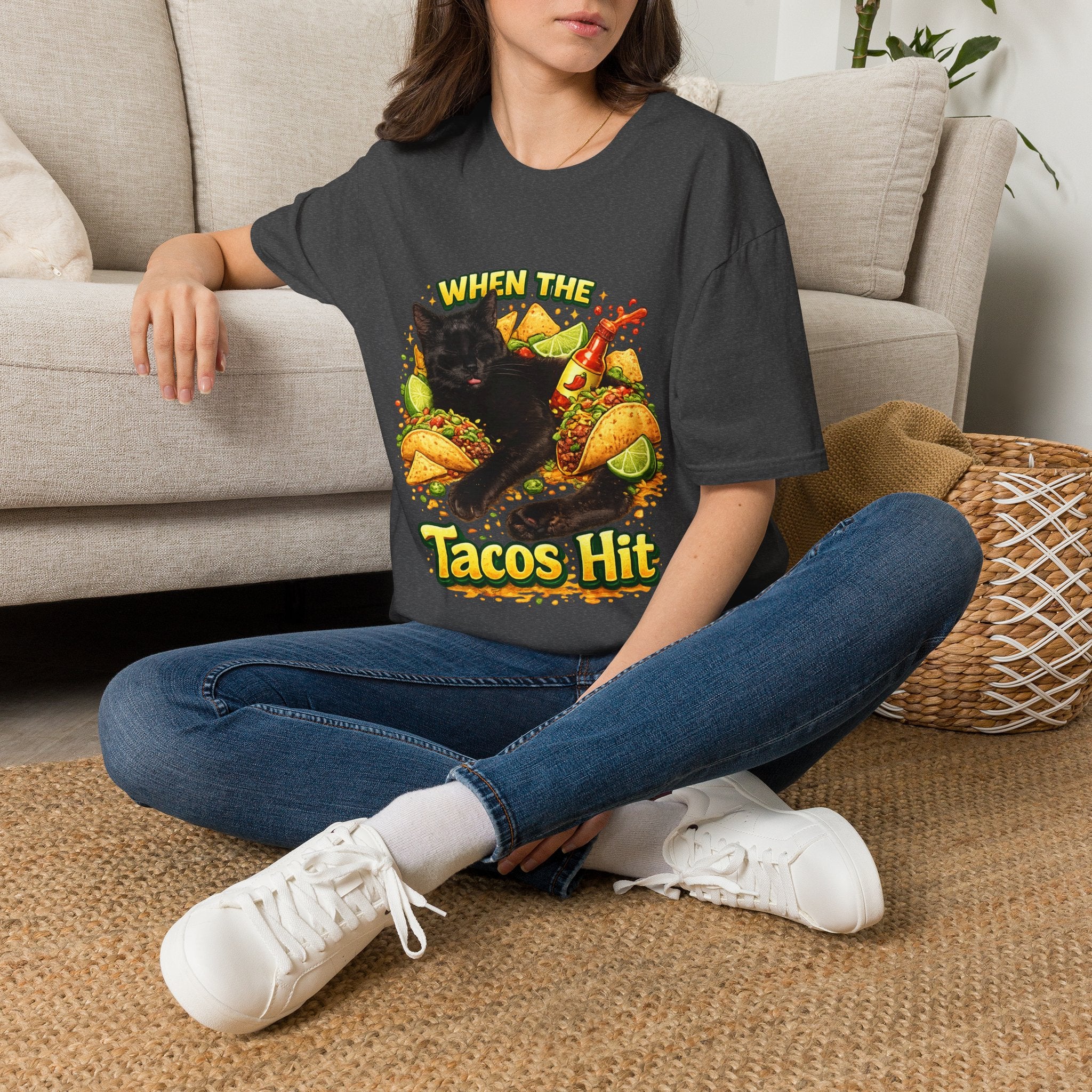 When The Tacos Hit T-Shirt | Cat, Tacos, Hot Sauce, Funny Food Graphic
