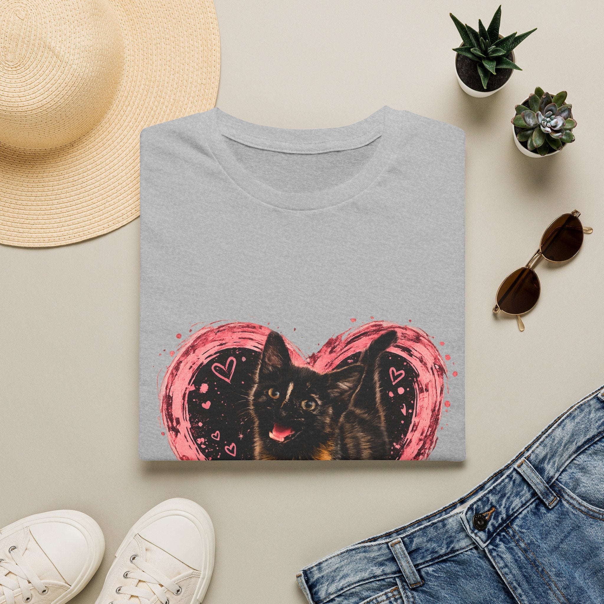 Black Cat in Pink Heart T-Shirt | Cute Cat Portrait Tee