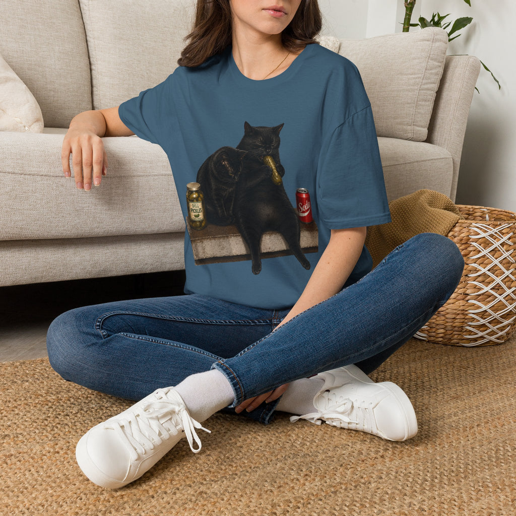 Black Cat Sitting with Drinks T-Shirt | Funny Cat Illustration