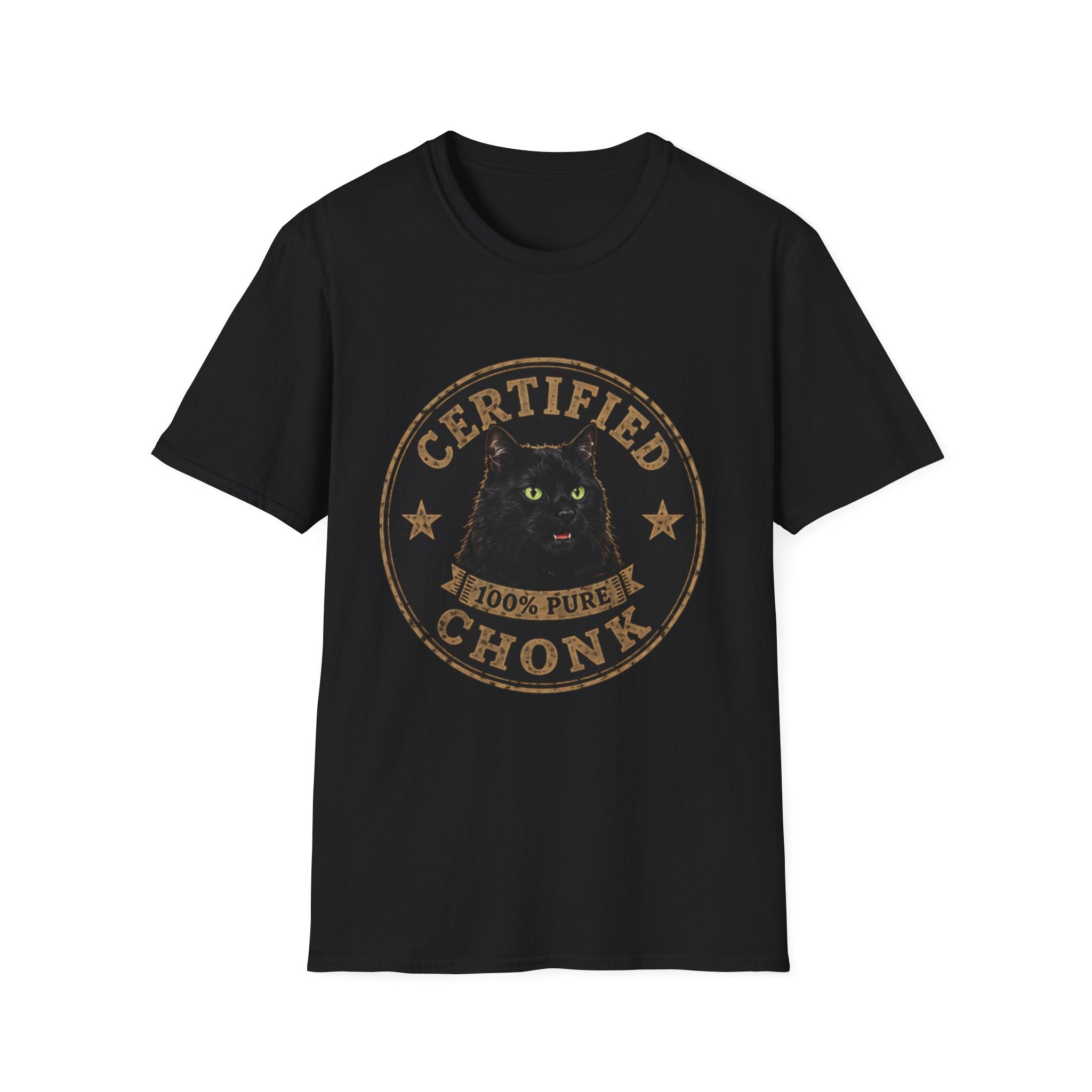 Certified Chonk Cat badge T-Shirt | Black cat illustration, vintage seal
