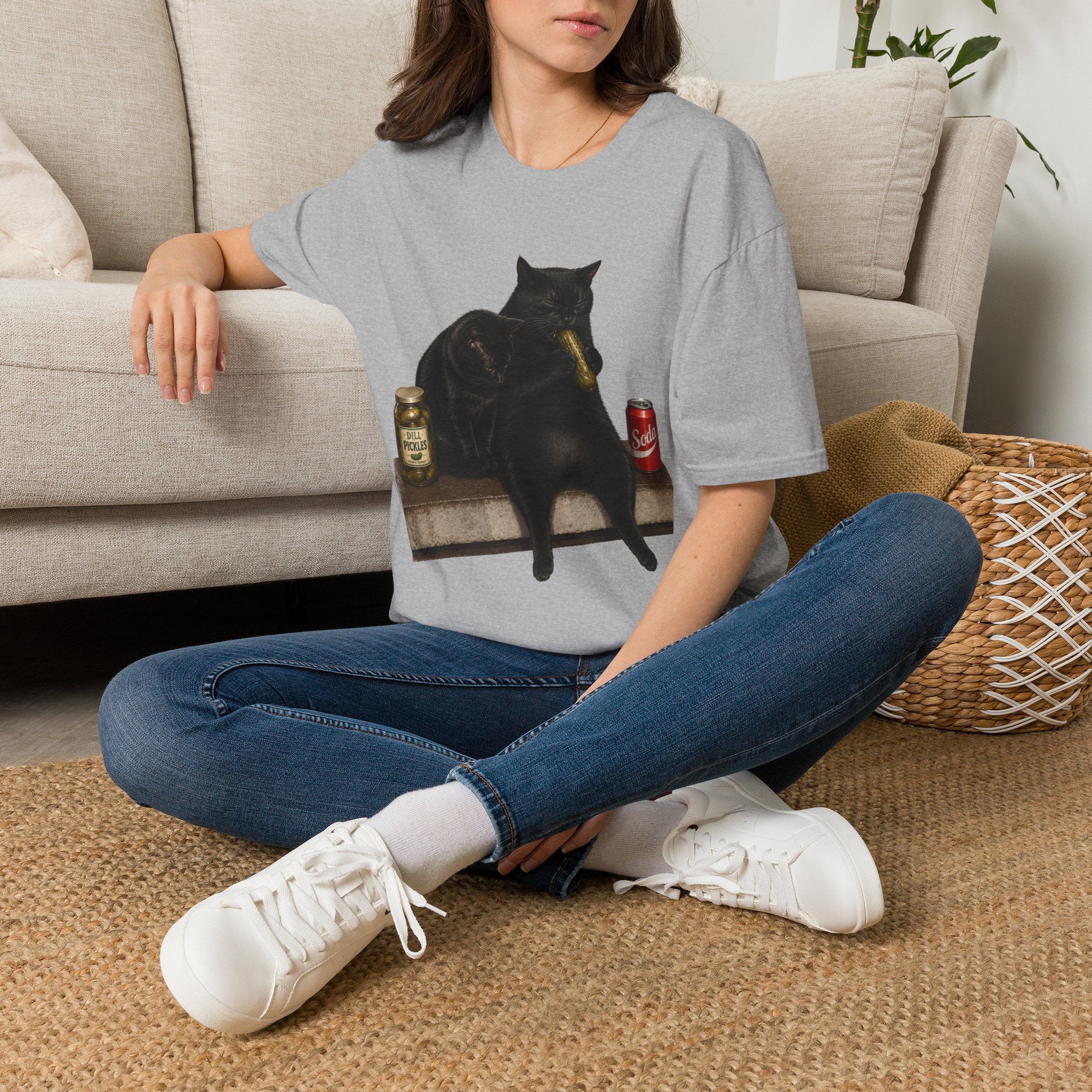 Black Cat Sitting with Drinks T-Shirt | Funny Cat Illustration