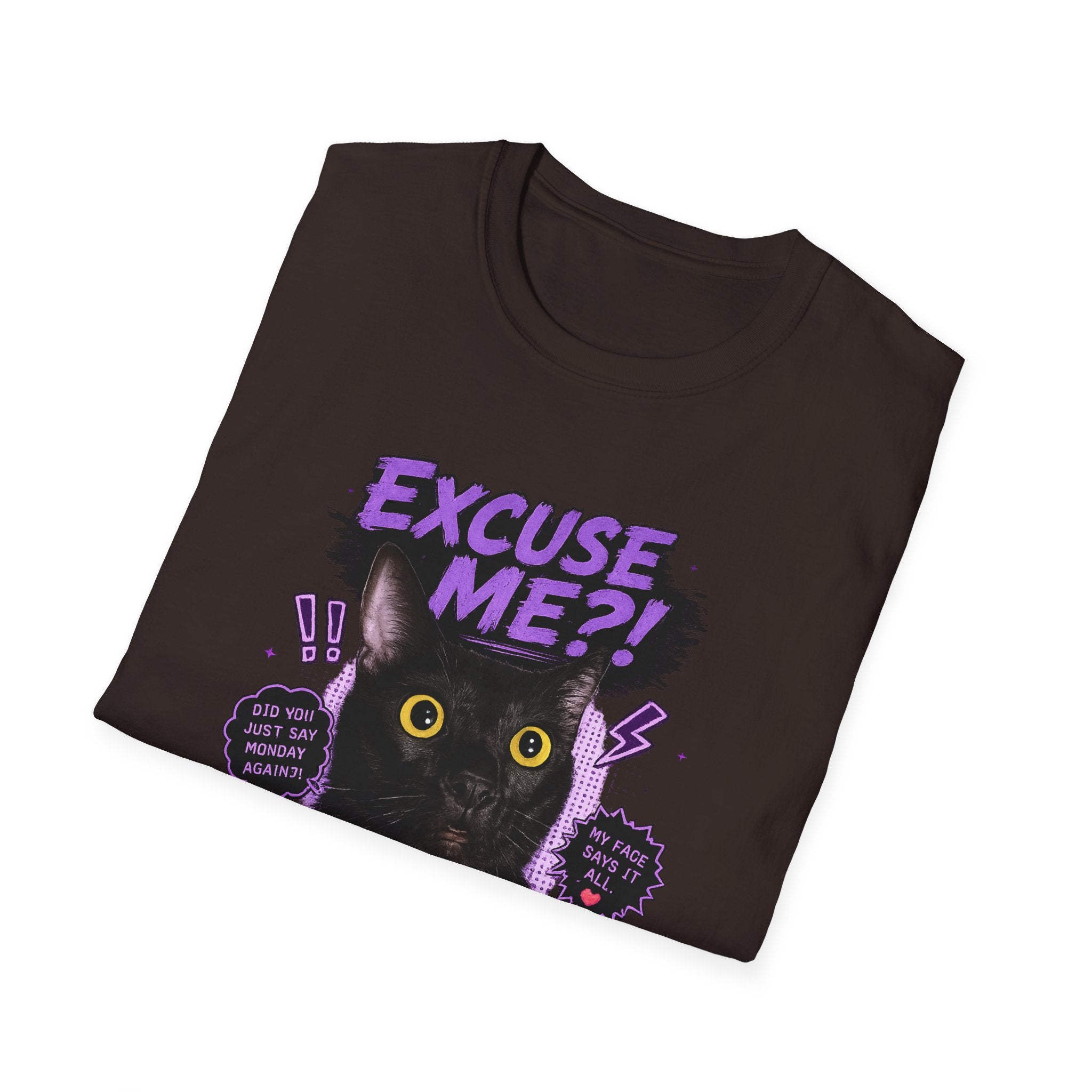 Excuse Me?! Black Cat Graphic T-Shirt | Retro Purple Horror Pop Art