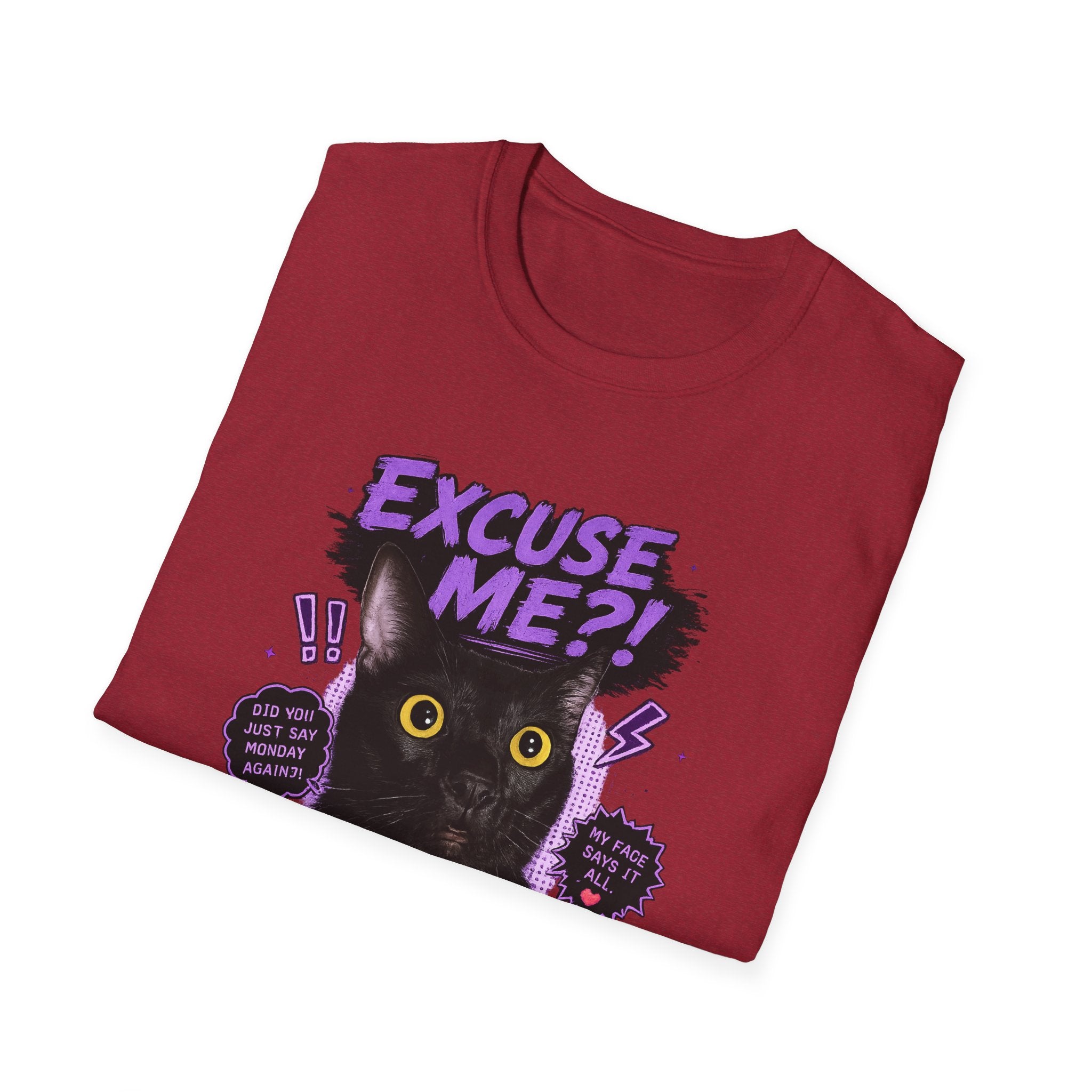 Excuse Me?! Black Cat Graphic T-Shirt | Retro Purple Horror Pop Art