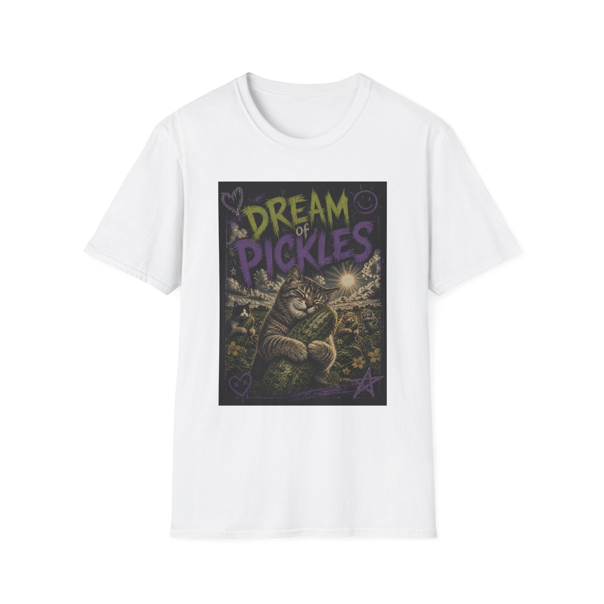 Dream of Pickles cat illustration T-Shirt | whimsical night scene, purple text