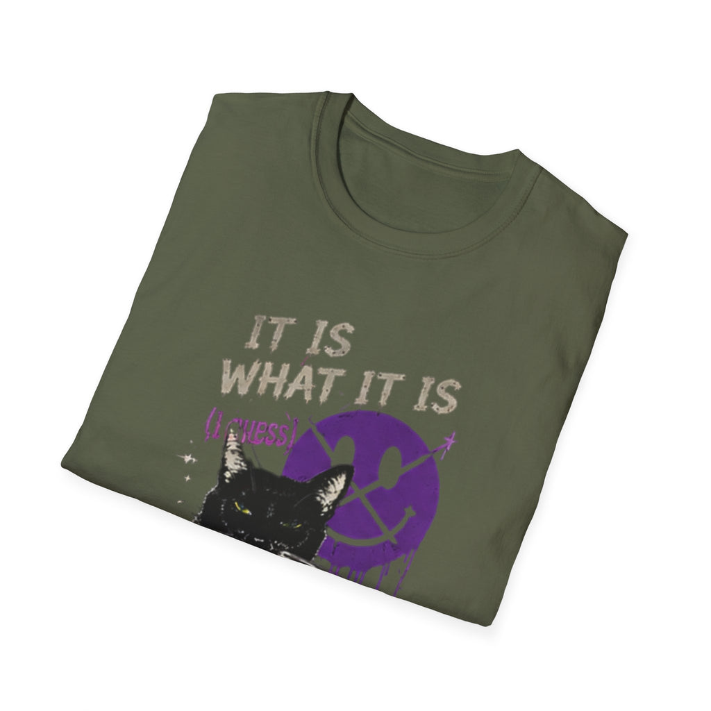 Grinning Black Cat with Purple Drip Smiley T-Shirt | It Is What It Is