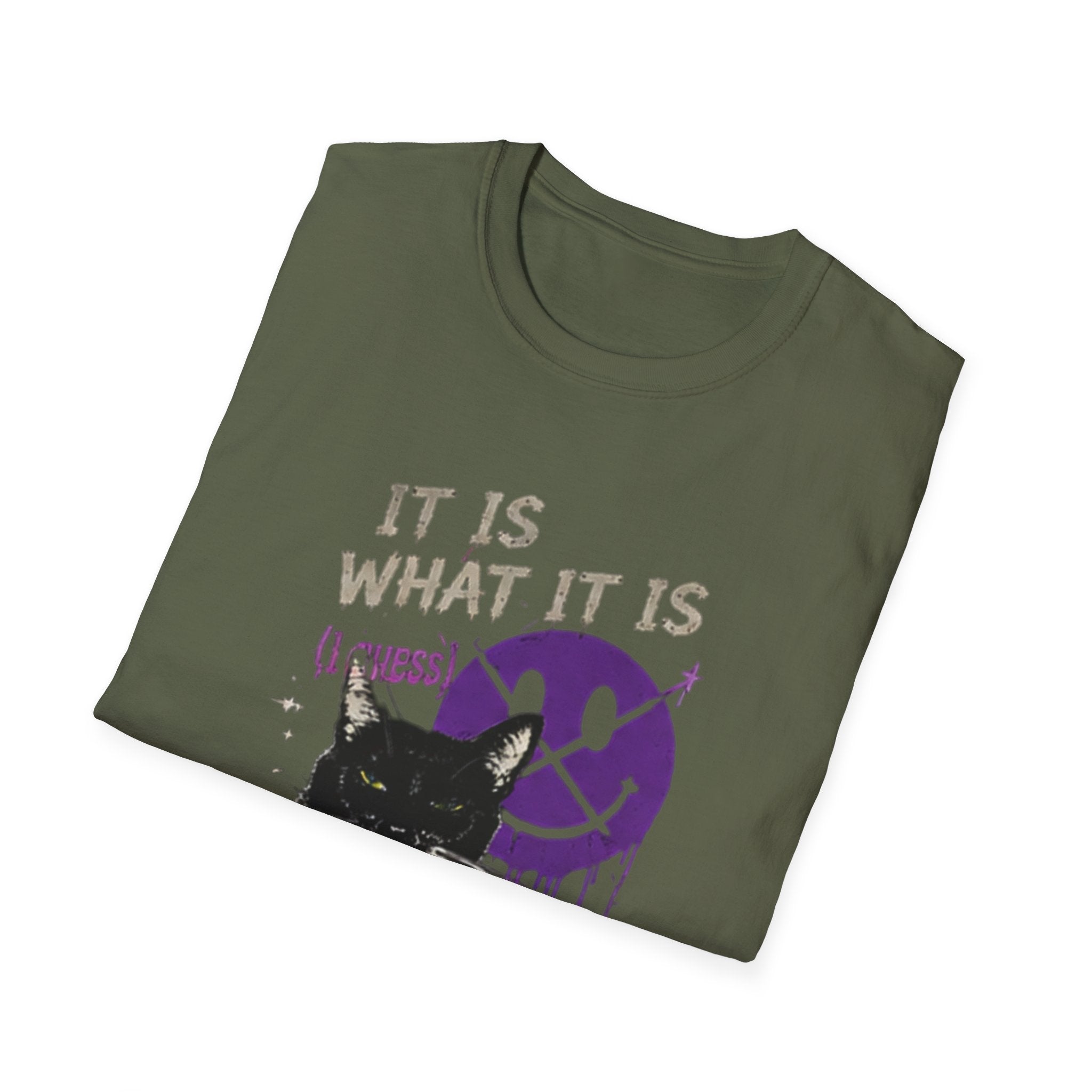 Grinning Black Cat with Purple Drip Smiley T-Shirt | It Is What It Is