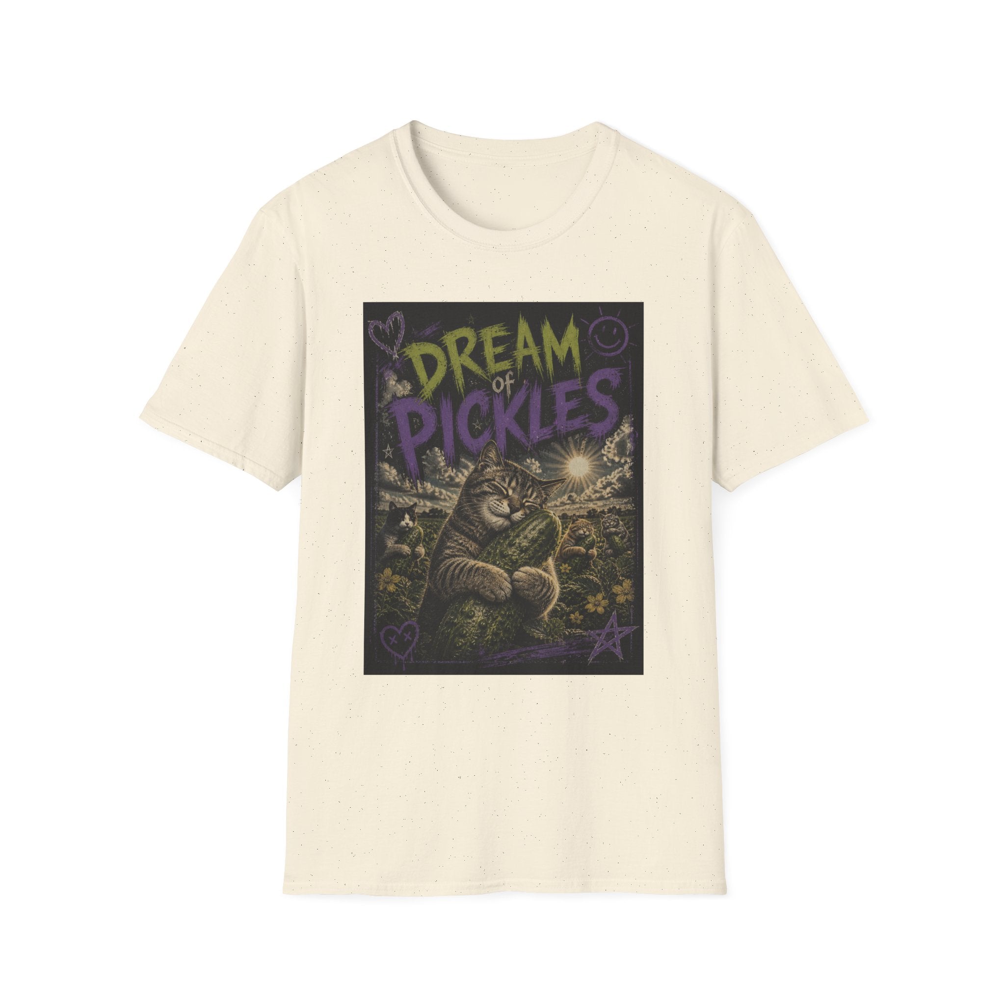 Dream of Pickles cat illustration T-Shirt | whimsical night scene, purple text