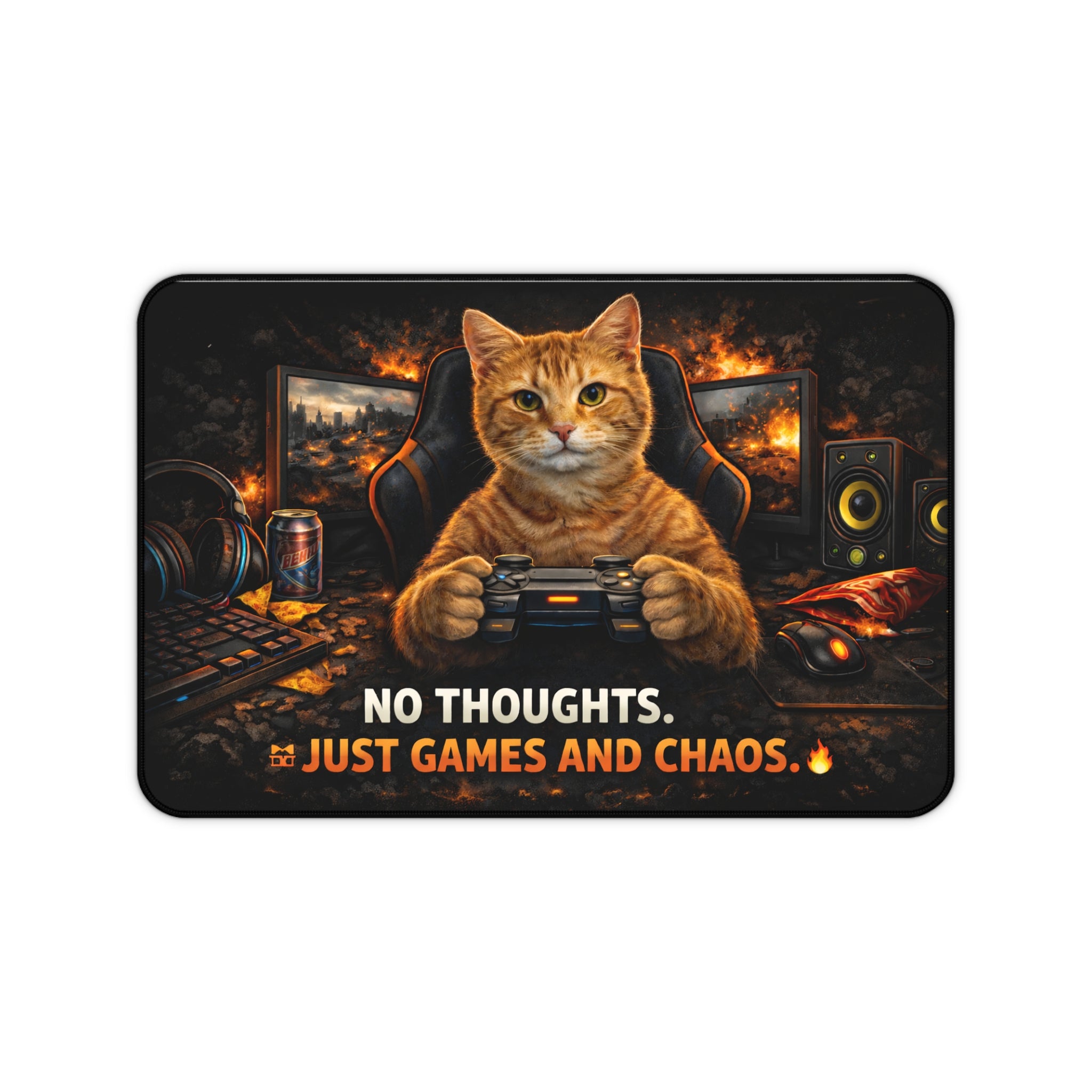 Gamer Cat Playing Controller Desk Mat | No Thoughts Just Games and Chaos