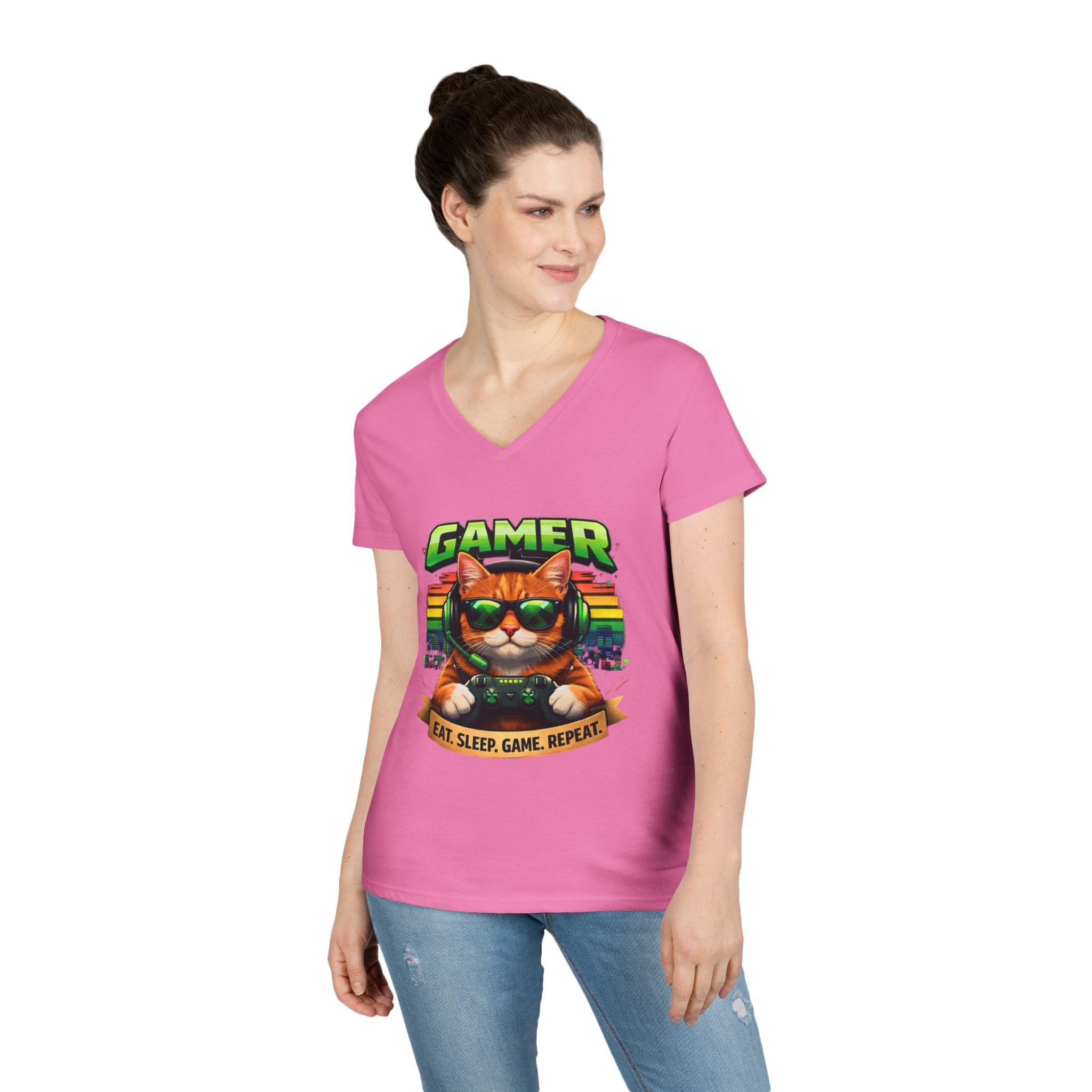 Gamer Cat Graphic Tee Ladies V-Neck T-Shirt | Retro Controller, Eat Sleep Game Repeat