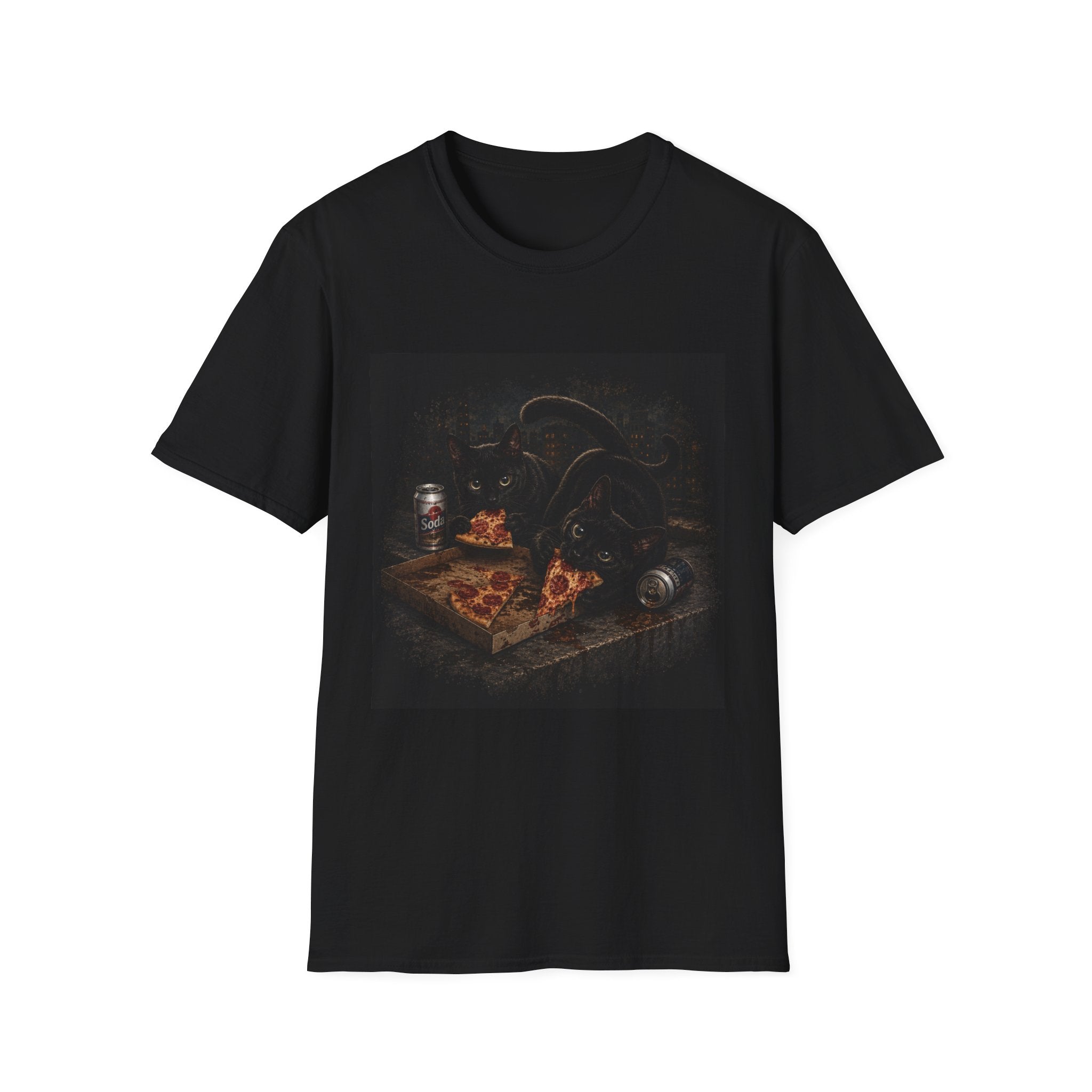 Black Cat Octopus Pizza Art T-Shirt | Dark Surreal Illustration