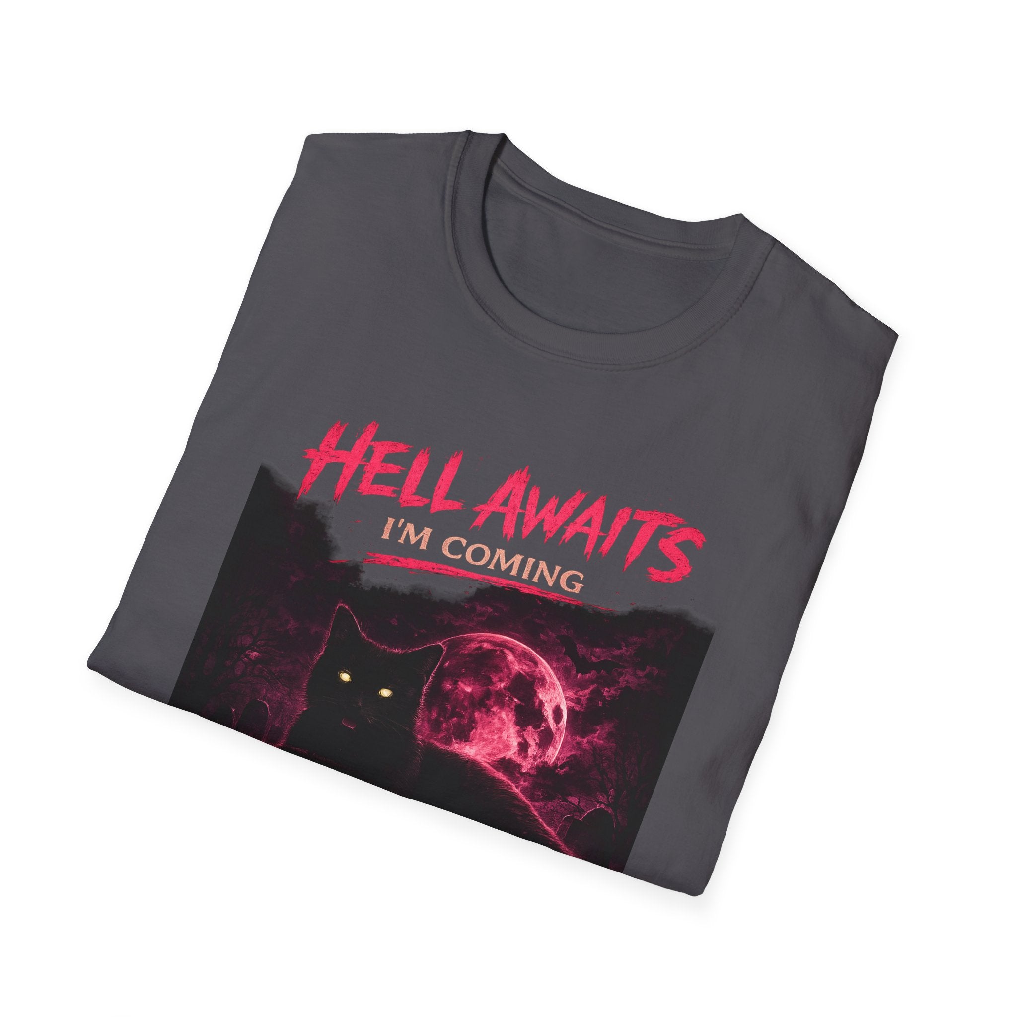 Hell Awaits I'm Coming cat graphic T-Shirt | Gothic moon, neon pink horror