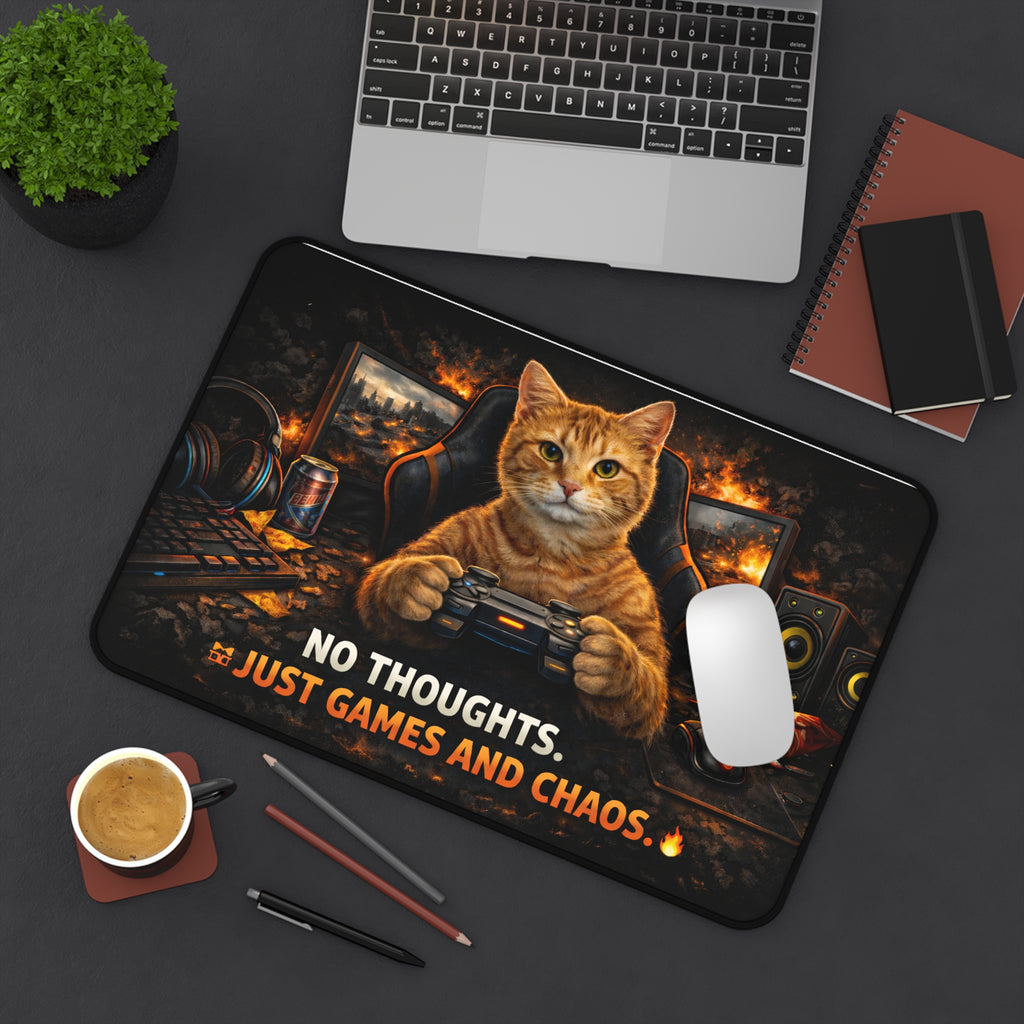 Gamer Cat Playing Controller Desk Mat | No Thoughts Just Games and Chaos