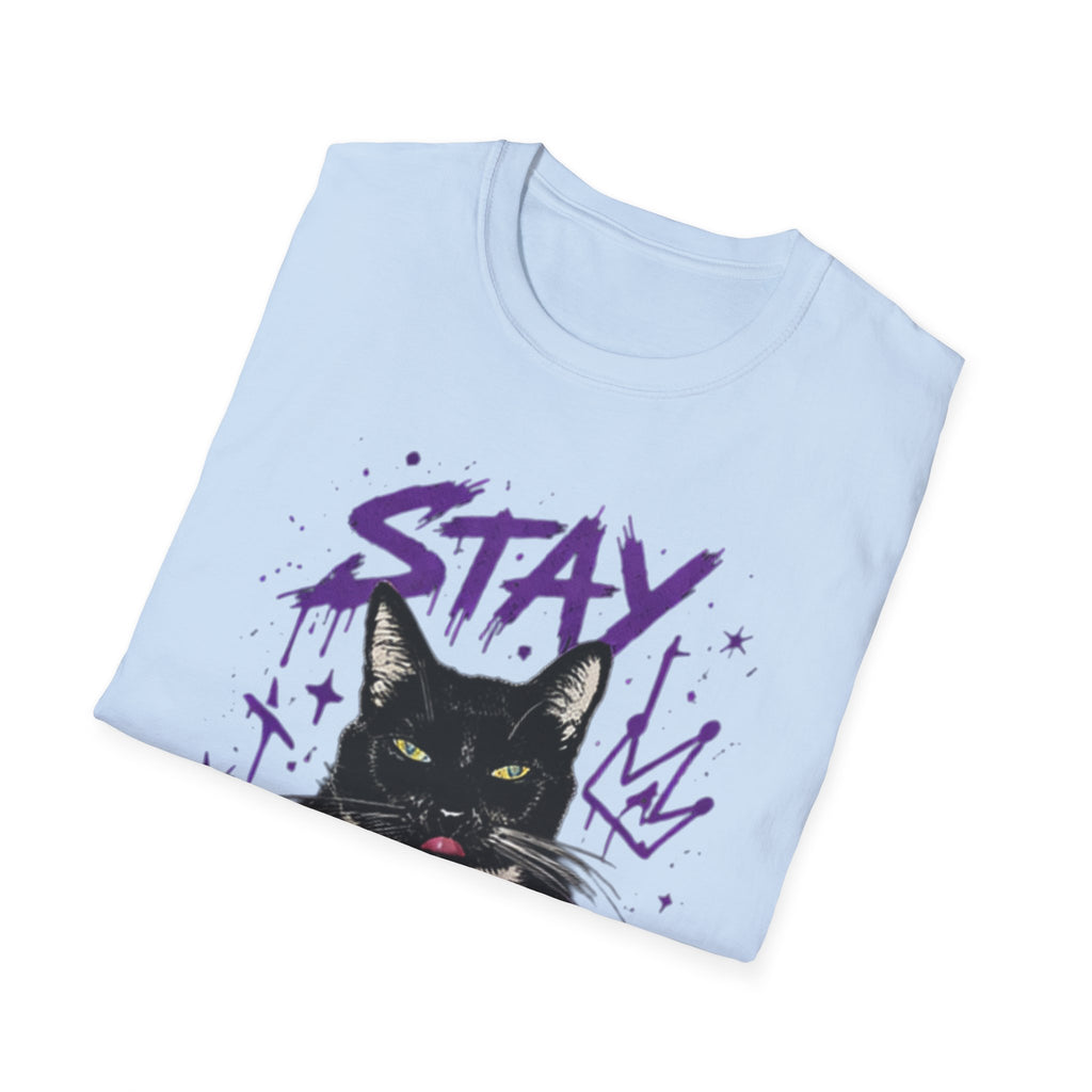 Stay Feral Cat Illustration T-Shirt | Black Cat, Purple Graffiti Text