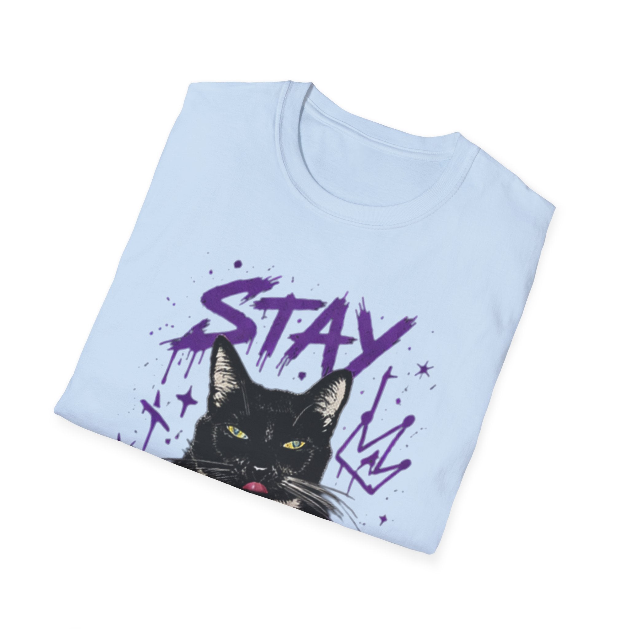 Stay Feral Cat Illustration T-Shirt | Black Cat, Purple Graffiti Text