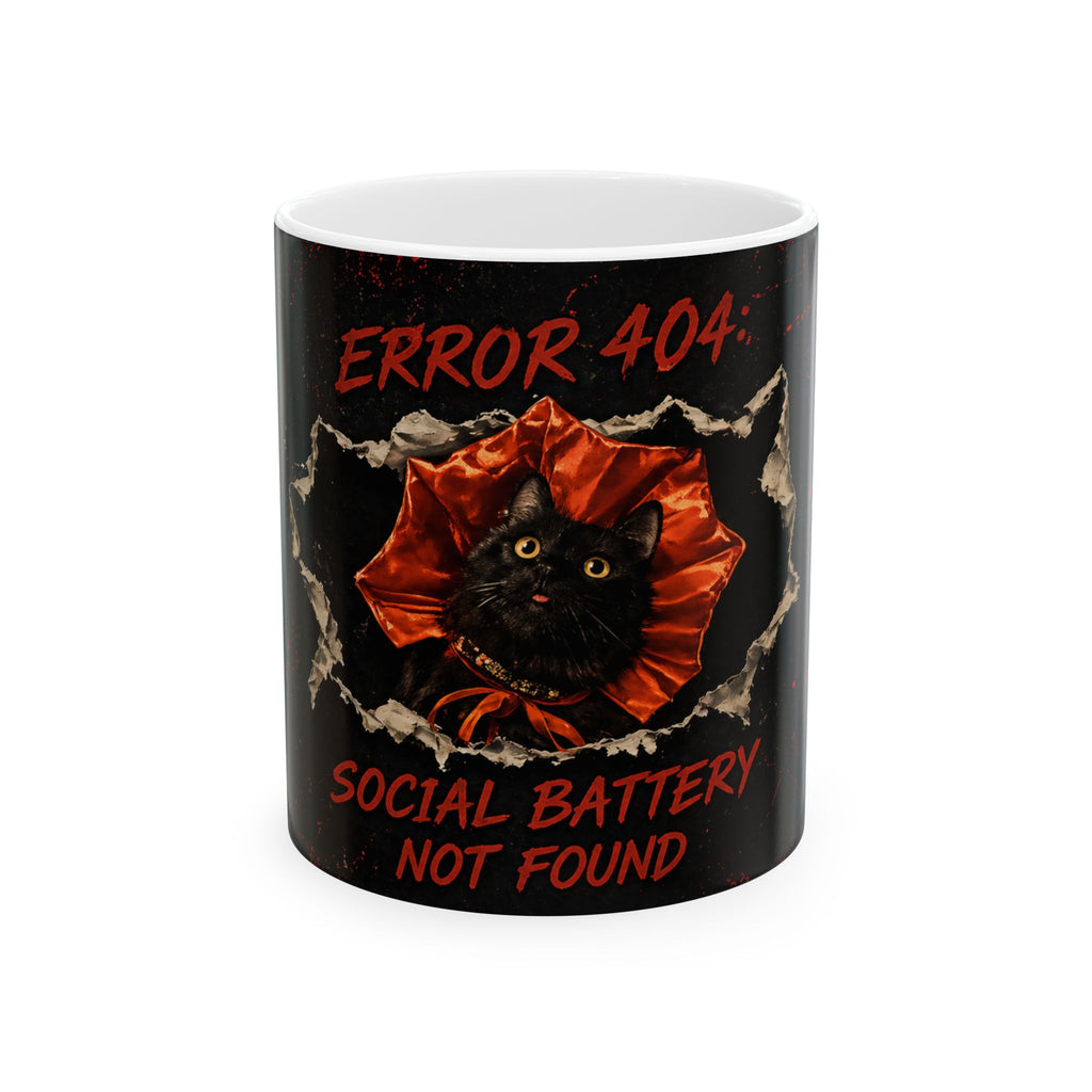 Error 404 Black Cat with Ruffled Collar Mug | Social Battery Not Found