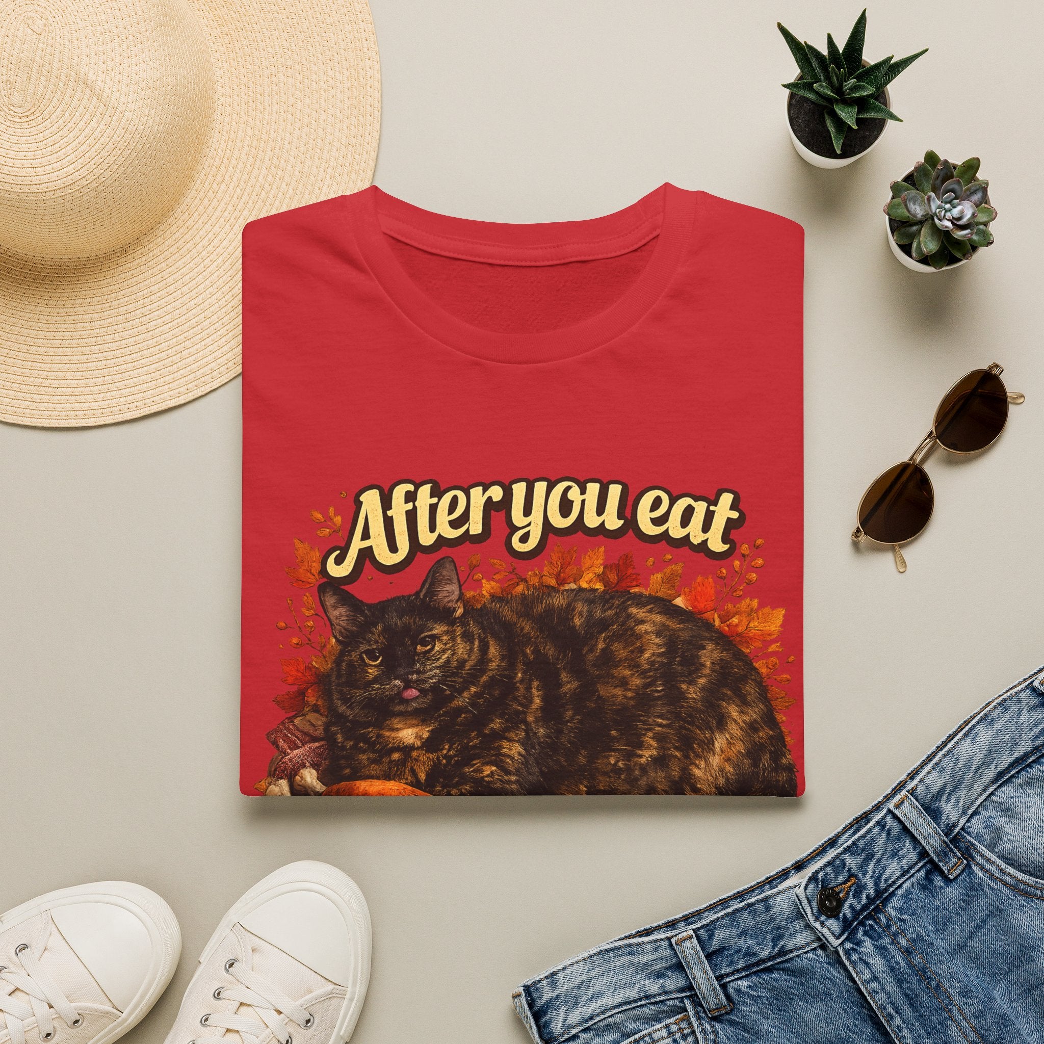 After You Eat Turkey T-Shirt | Cat Thanksgiving Design, Fall Leaves