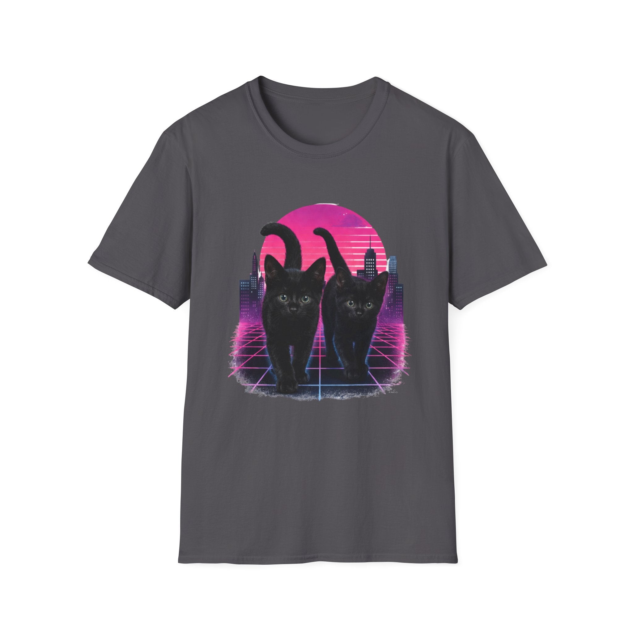 Retro Vaporwave Black Cats T-Shirt | Neon Sunset City