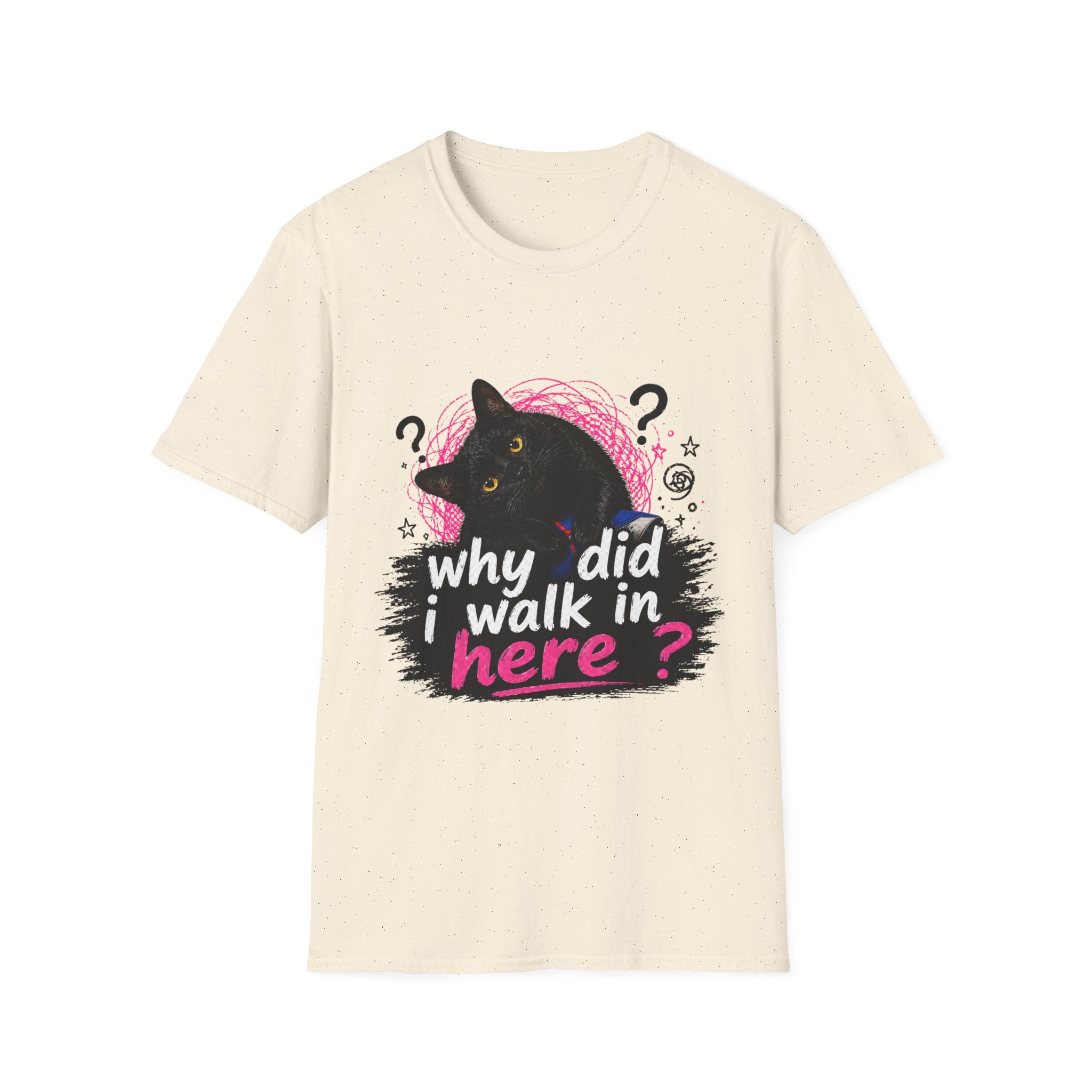 Confused Black Cat why did I walk in here? T-Shirt | Cat Humor Tee