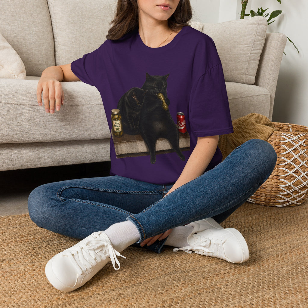 Black Cat Sitting with Drinks T-Shirt | Funny Cat Illustration