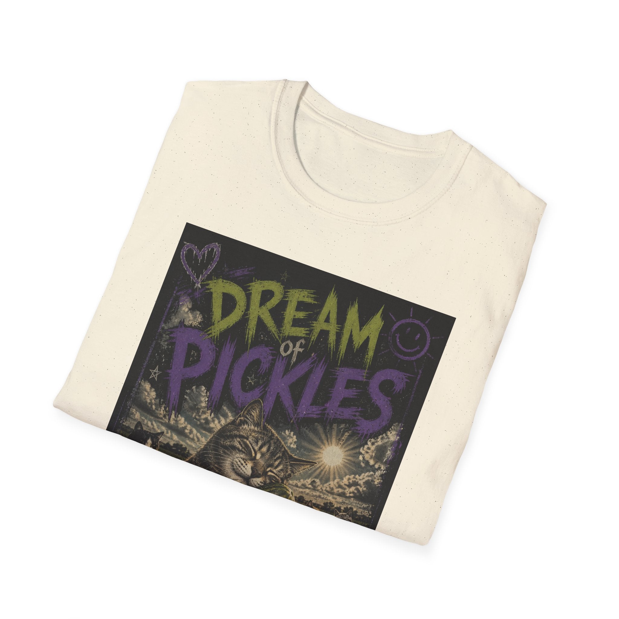 Dream of Pickles cat illustration T-Shirt | whimsical night scene, purple text