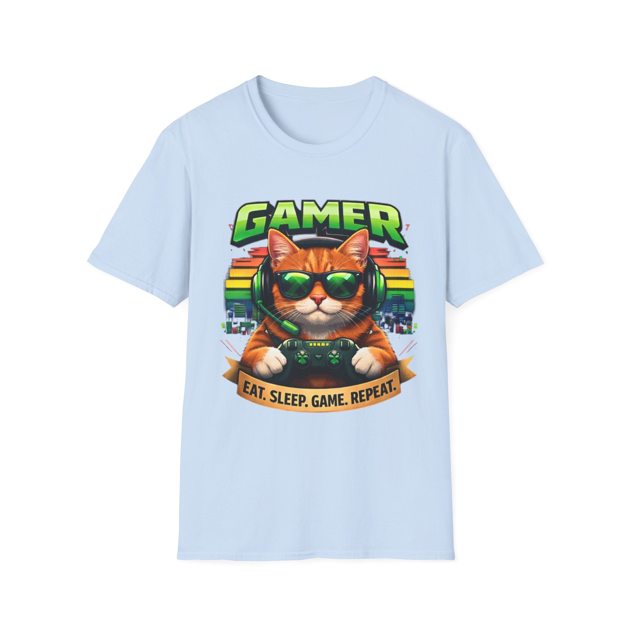 Gamer Cat with Controller T-Shirt | Eat Sleep Game Repeat