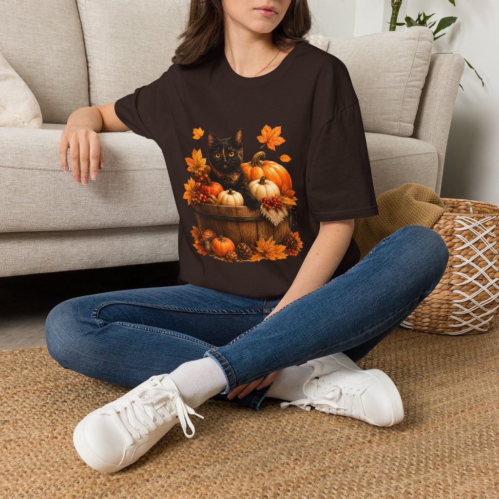 Black Kitten with Pumpkins T-Shirt | Autumn Fall Cat Pumpkin Shirt