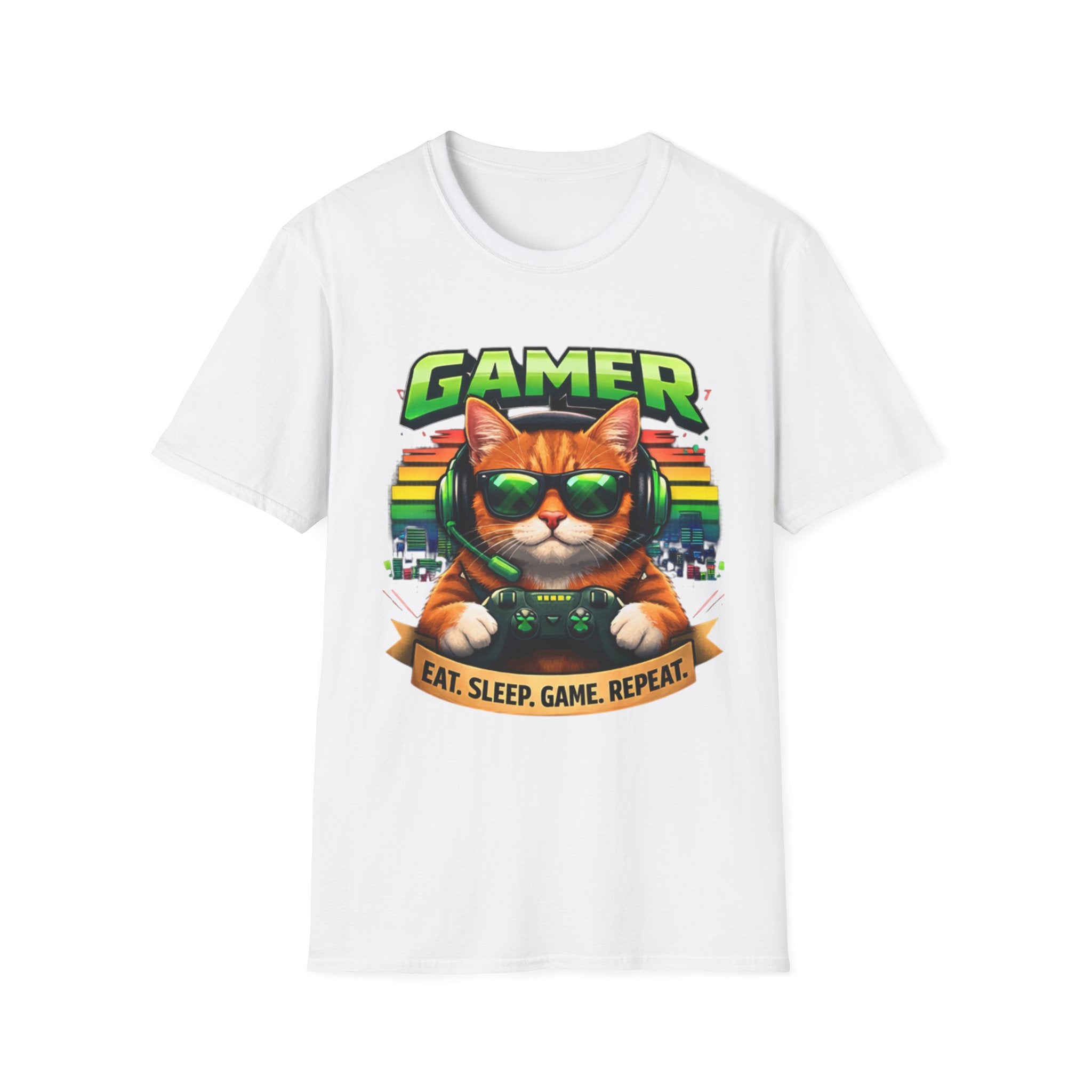 Gamer Cat with Controller T-Shirt | Eat Sleep Game Repeat