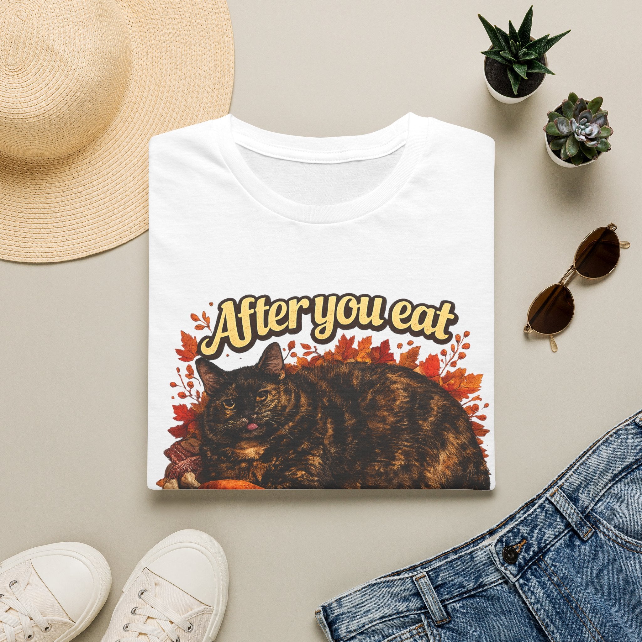 After You Eat Turkey T-Shirt | Cat Thanksgiving Design, Fall Leaves