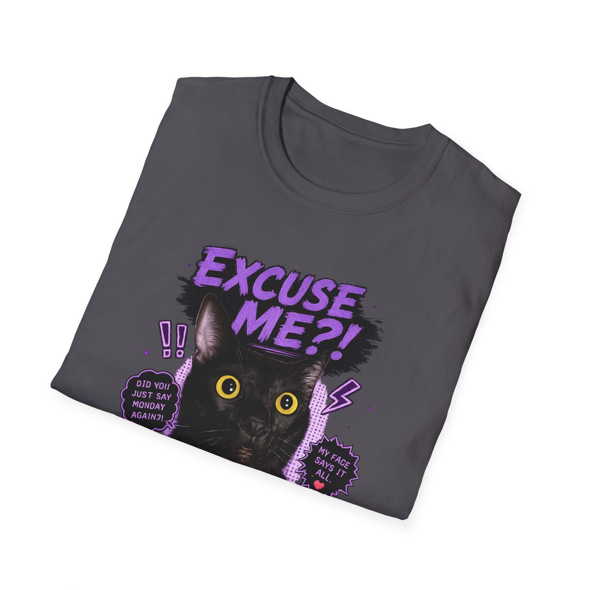 Excuse Me?! Black Cat Graphic T-Shirt | Retro Purple Horror Pop Art