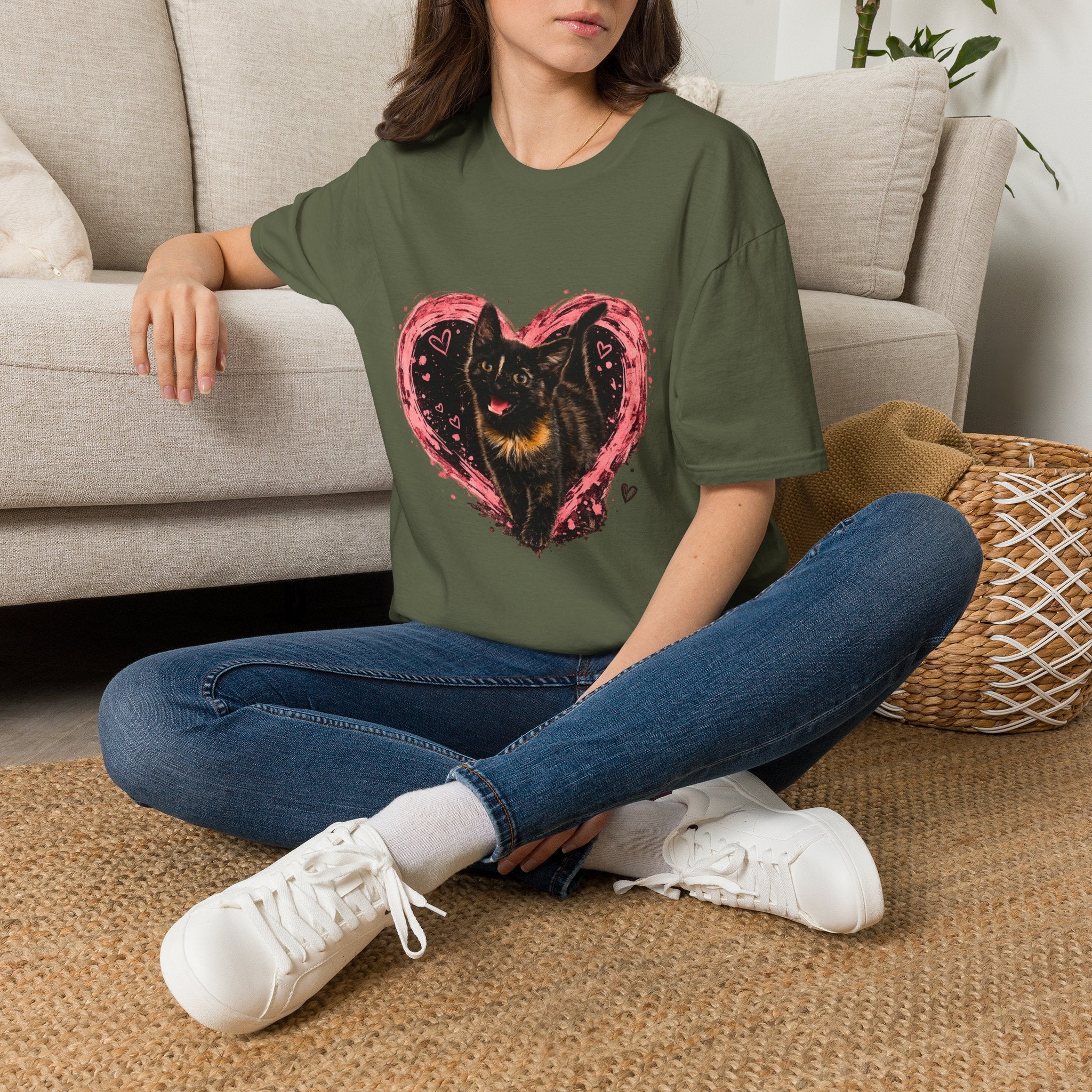 Black Cat in Pink Heart T-Shirt | Cute Cat Portrait Tee