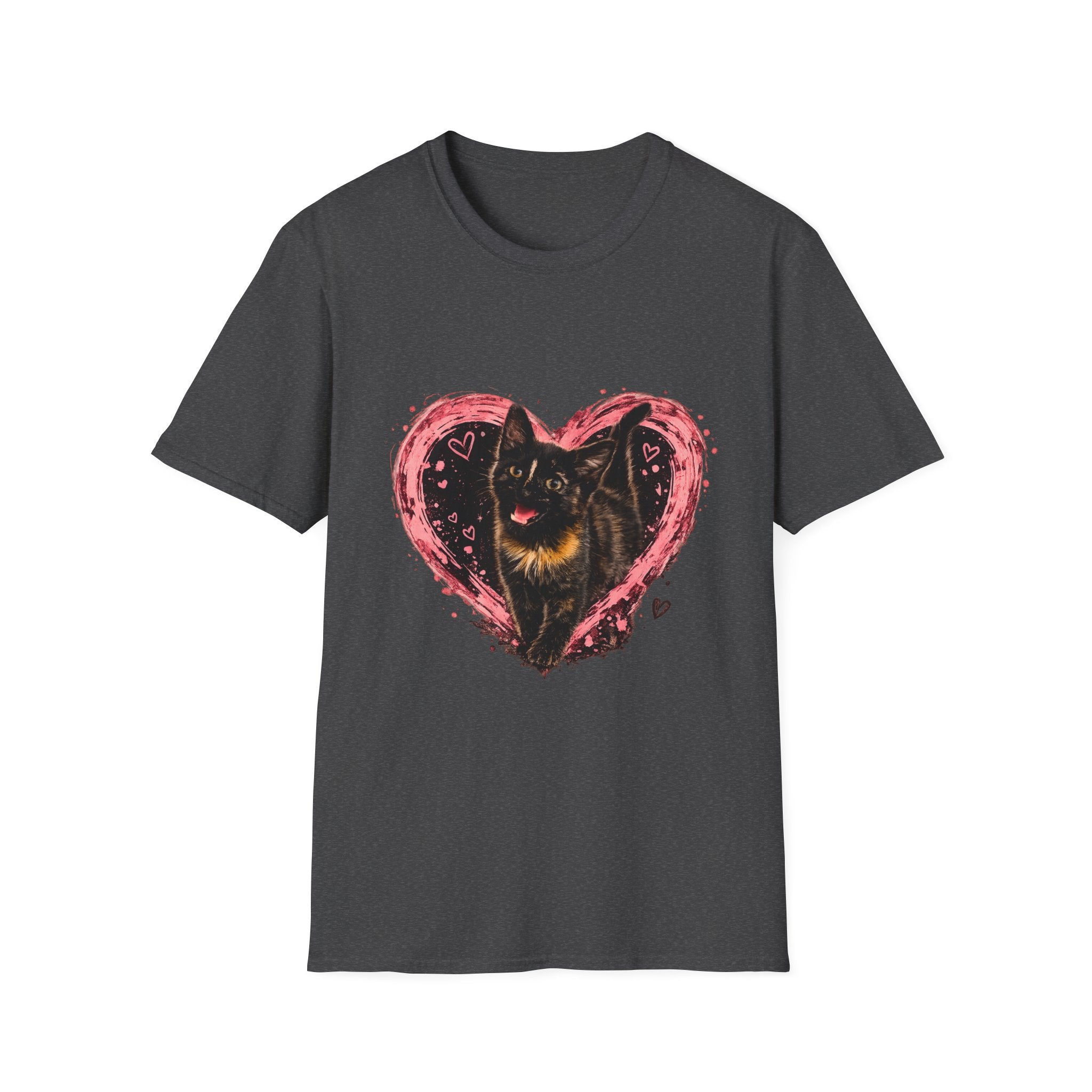 Black Cat in Pink Heart T-Shirt | Cute Cat Portrait Tee