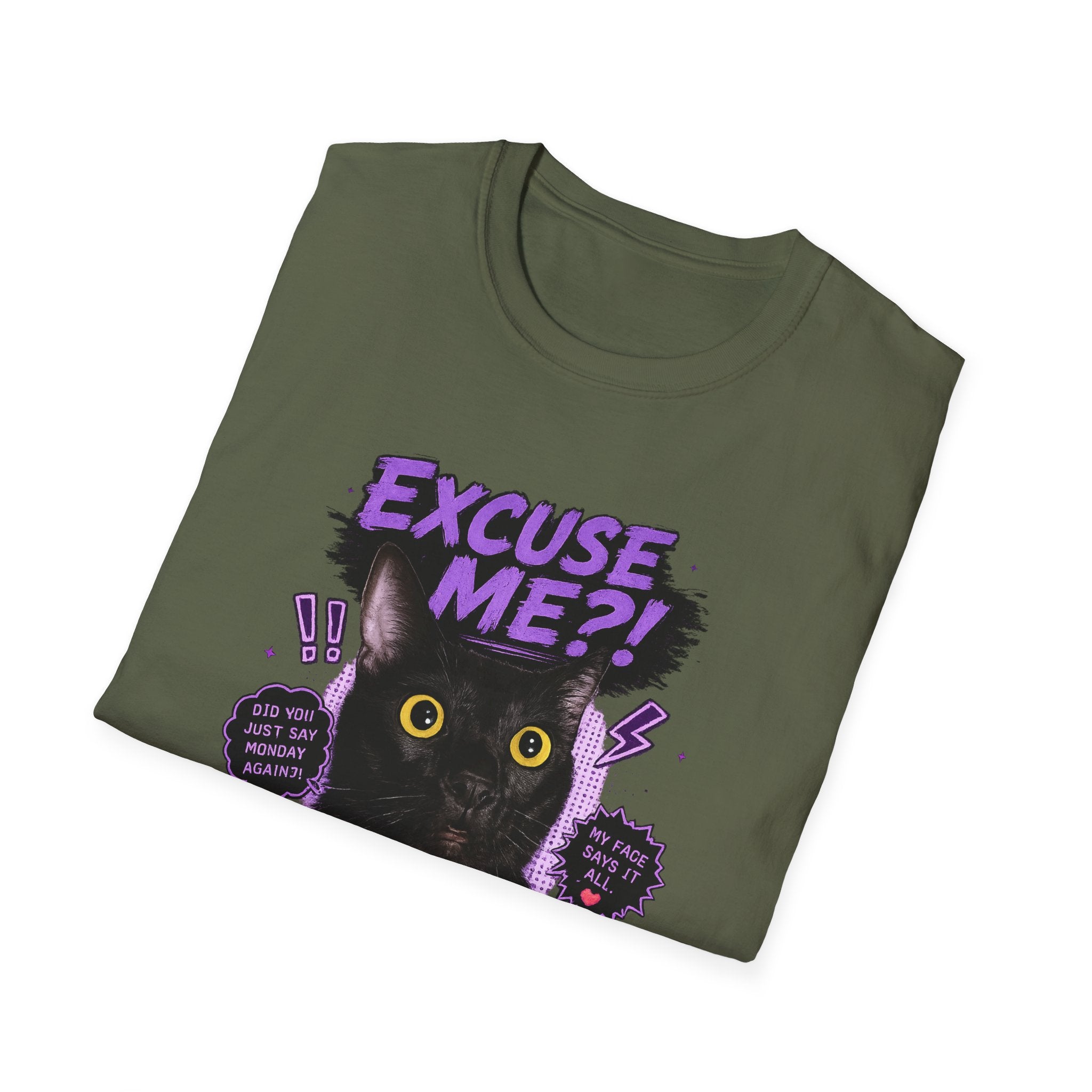 Excuse Me?! Black Cat Graphic T-Shirt | Retro Purple Horror Pop Art