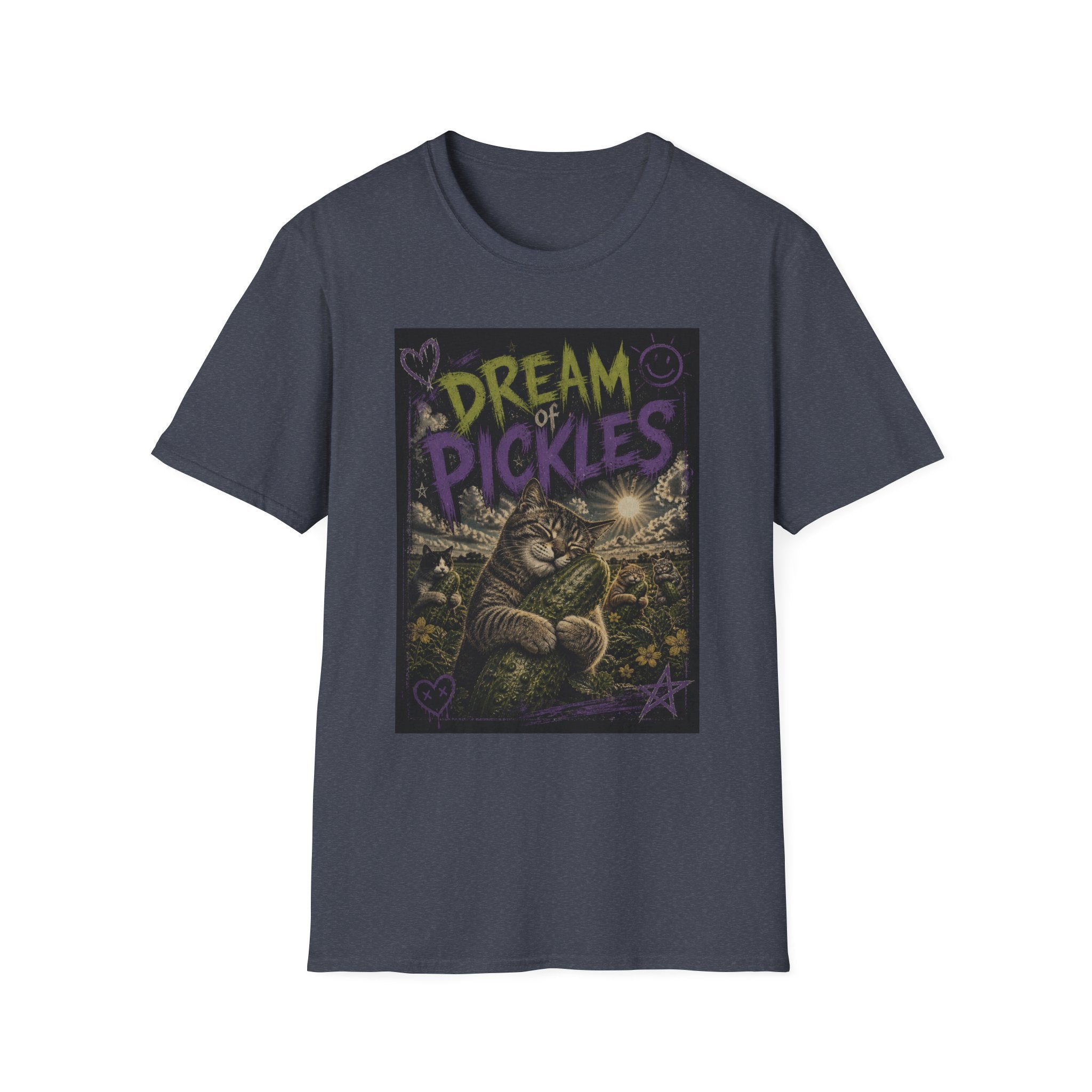 Dream of Pickles cat illustration T-Shirt | whimsical night scene, purple text