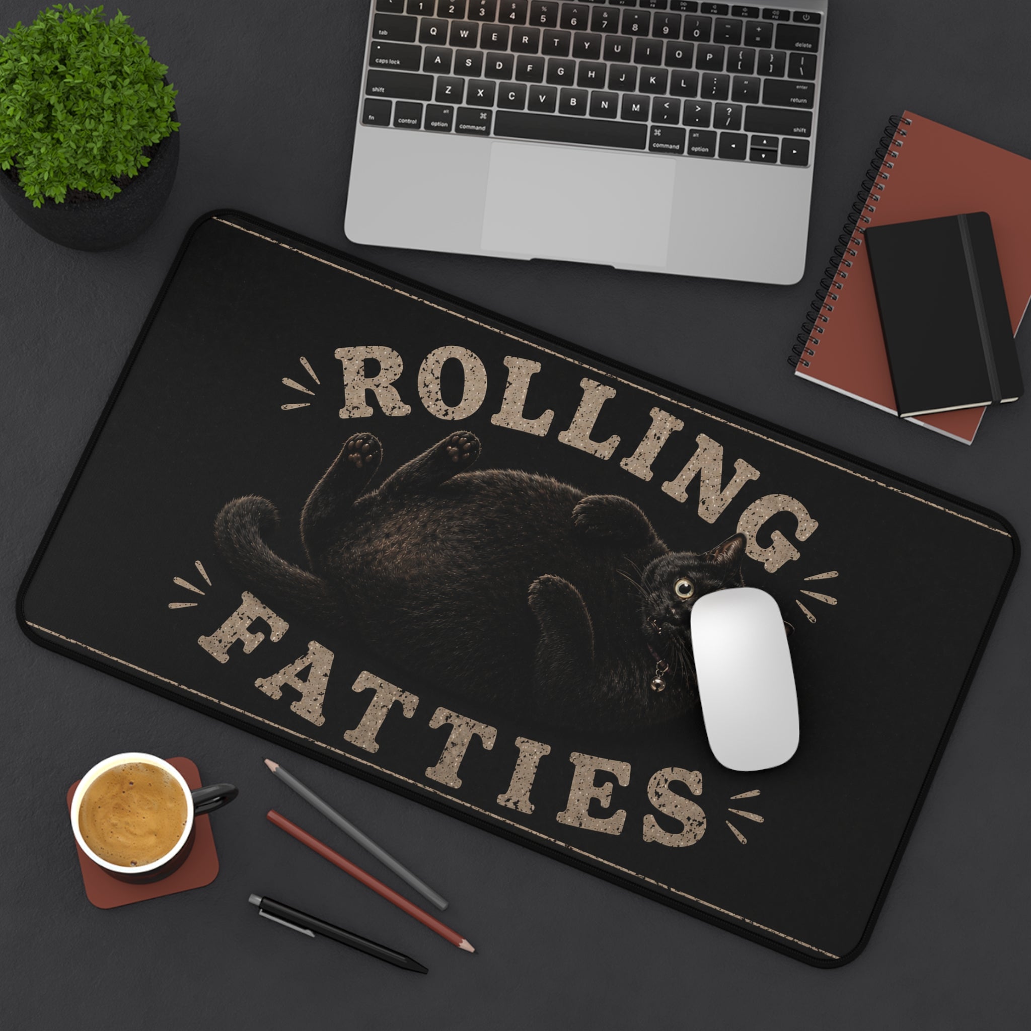 Rolling Fatties black cat illustration Desk Mat | cute chubby cat mousepad