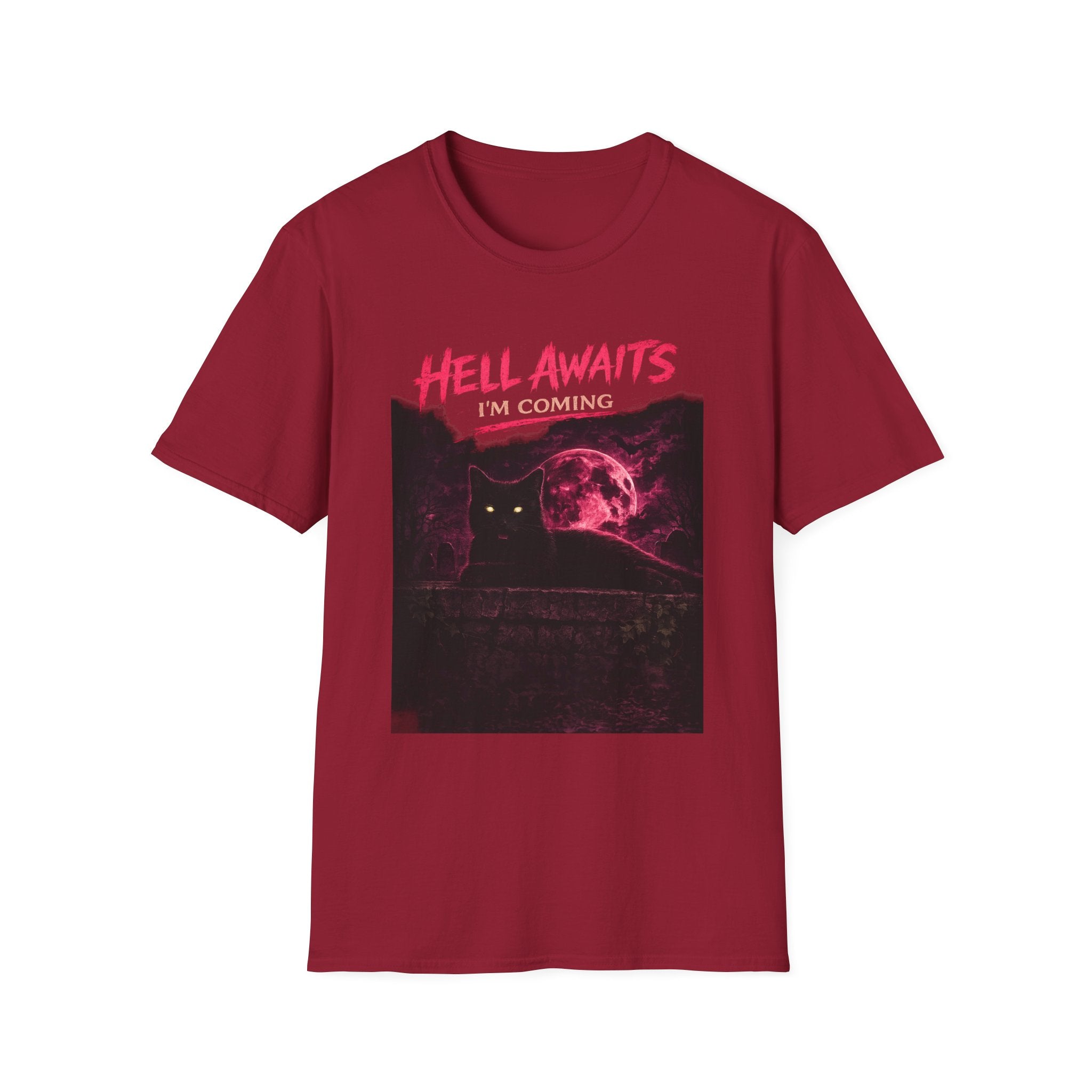 Hell Awaits I'm Coming cat graphic T-Shirt | Gothic moon, neon pink horror