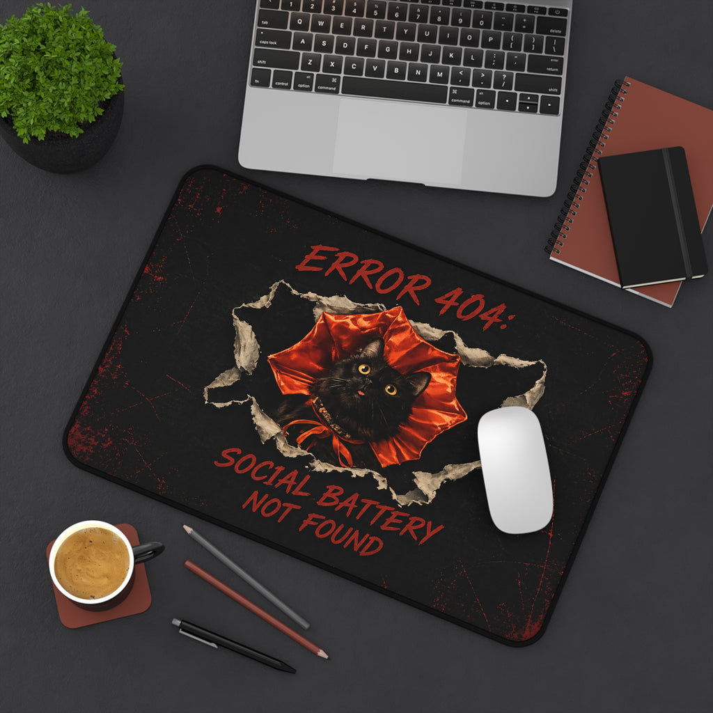 Error 404 Social Battery Not Found Desk Mat | Black Cat Desk Pad