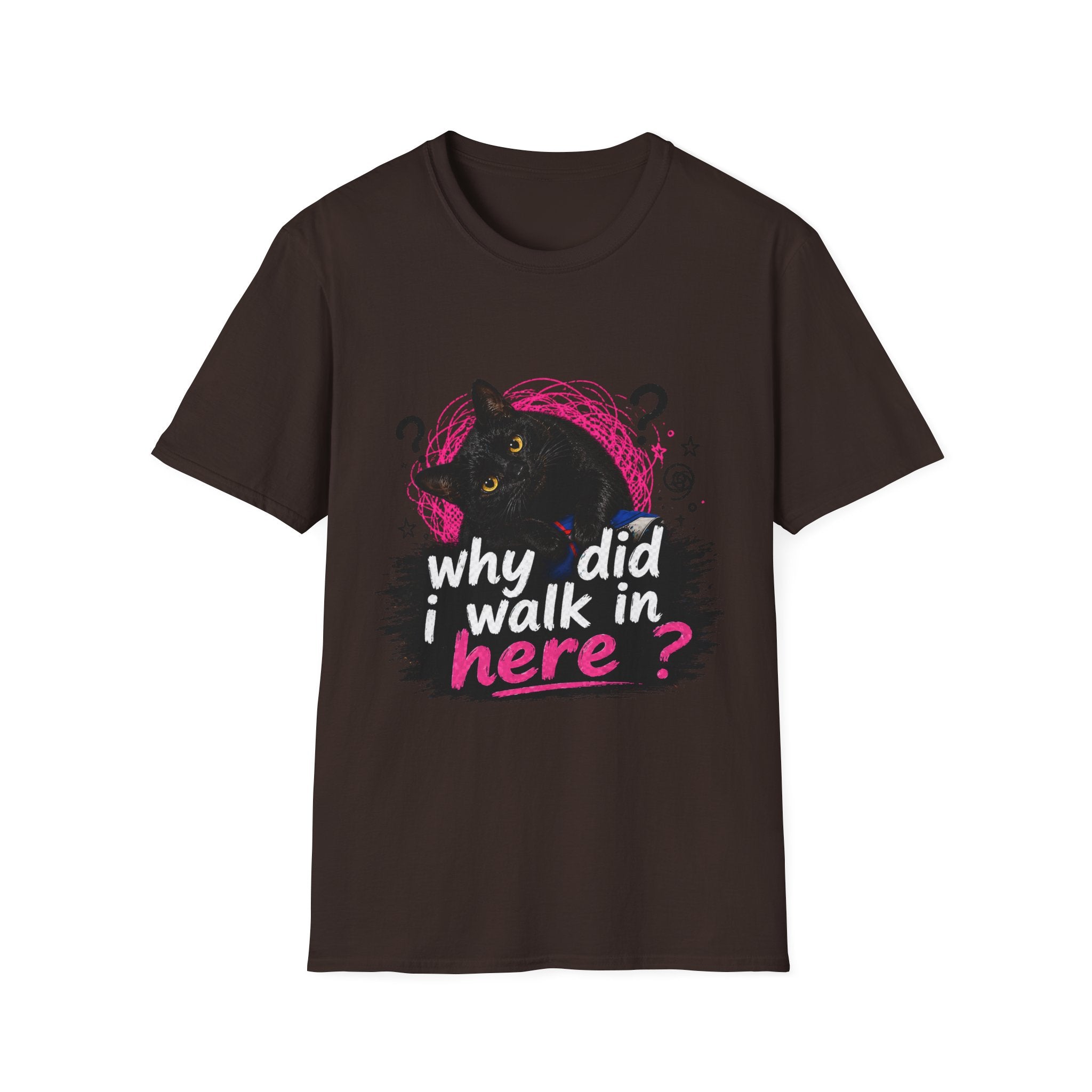 Confused Black Cat why did I walk in here? T-Shirt | Cat Humor Tee