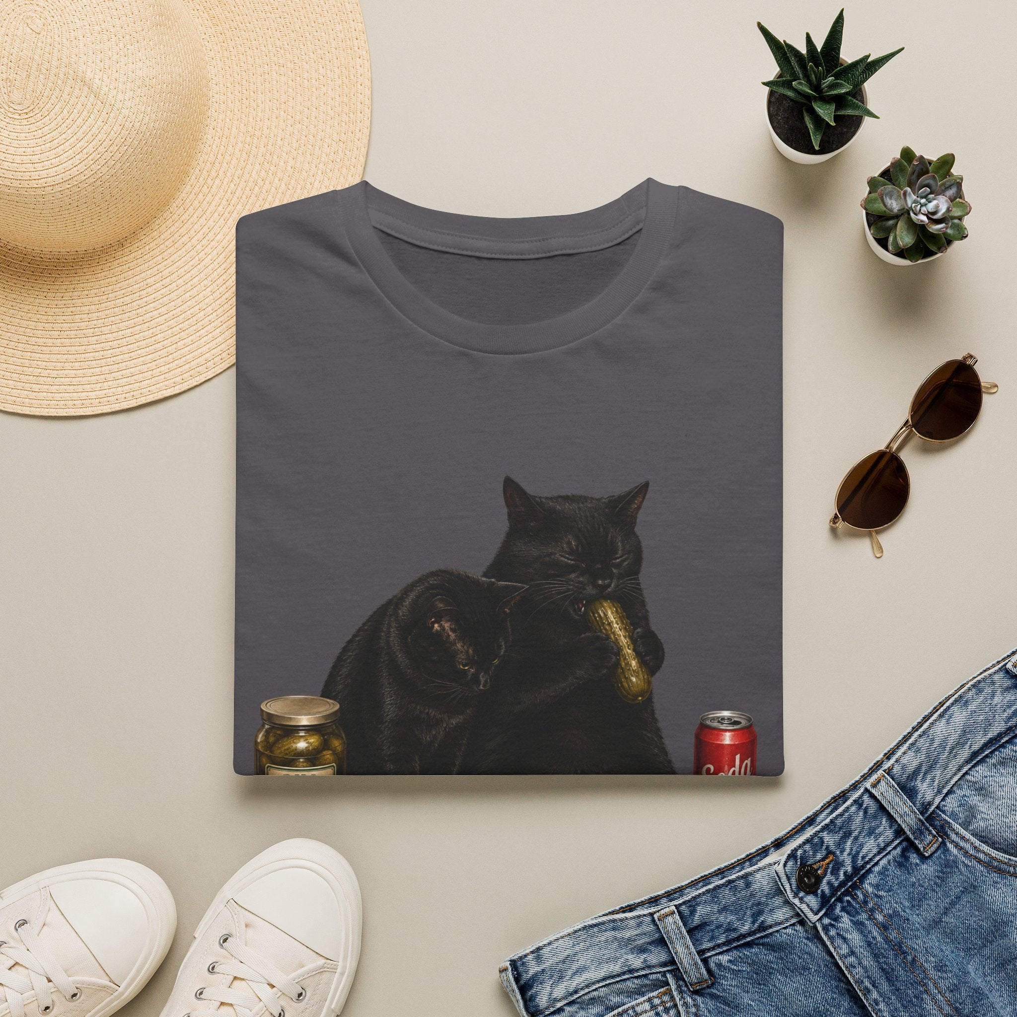 Black Cat Sitting with Drinks T-Shirt | Funny Cat Illustration