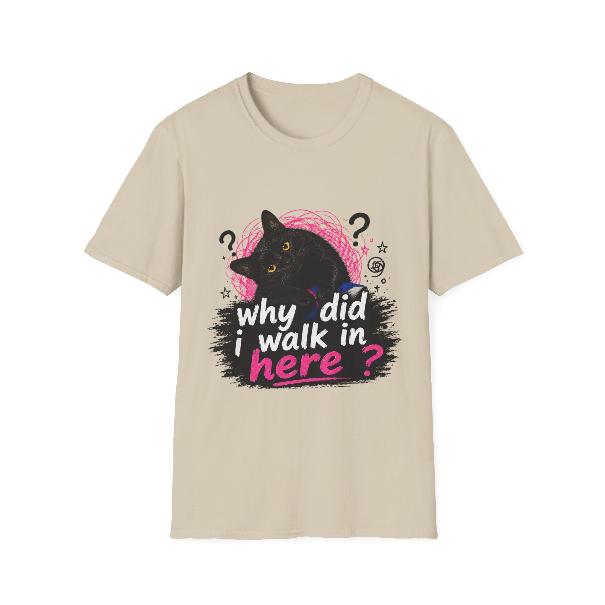 Confused Black Cat why did I walk in here? T-Shirt | Cat Humor Tee