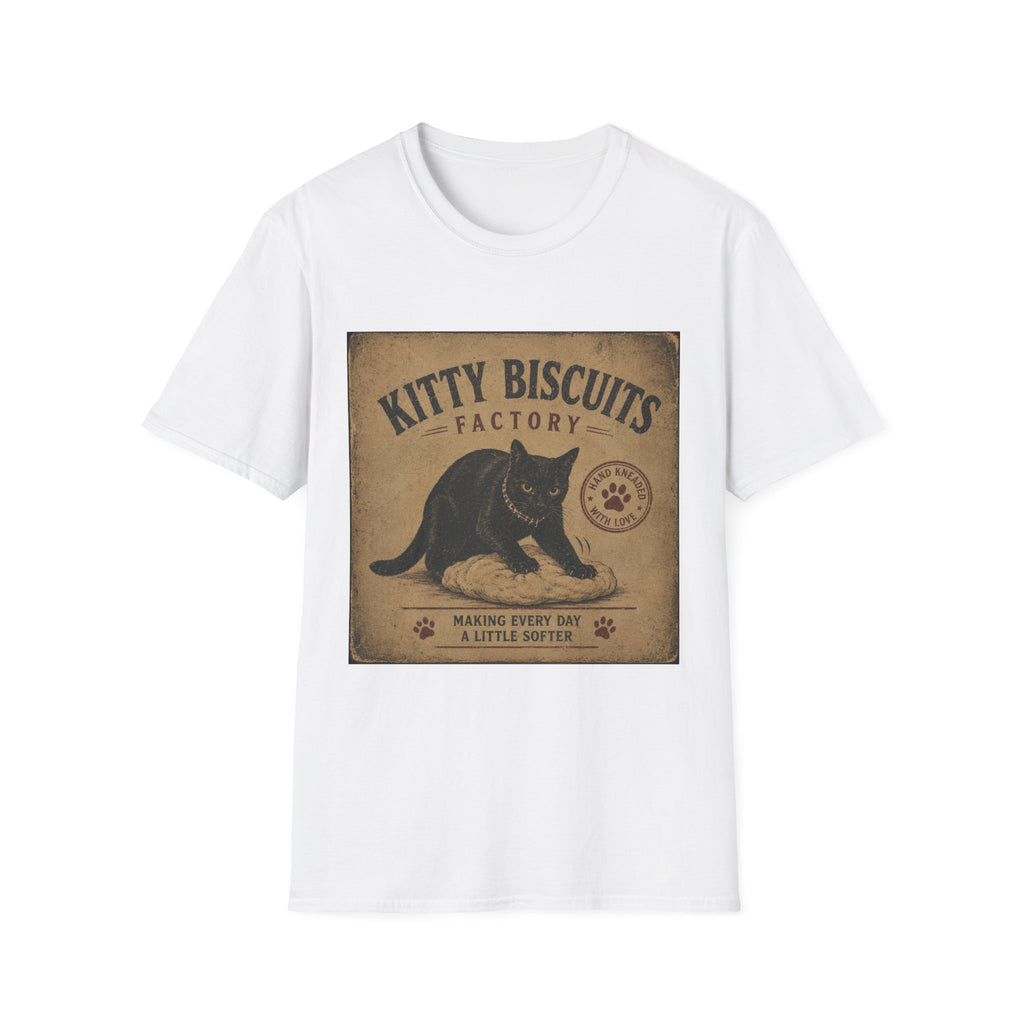 Kitty Biscuits Factory T-Shirt | Vintage Black Cat Illustration