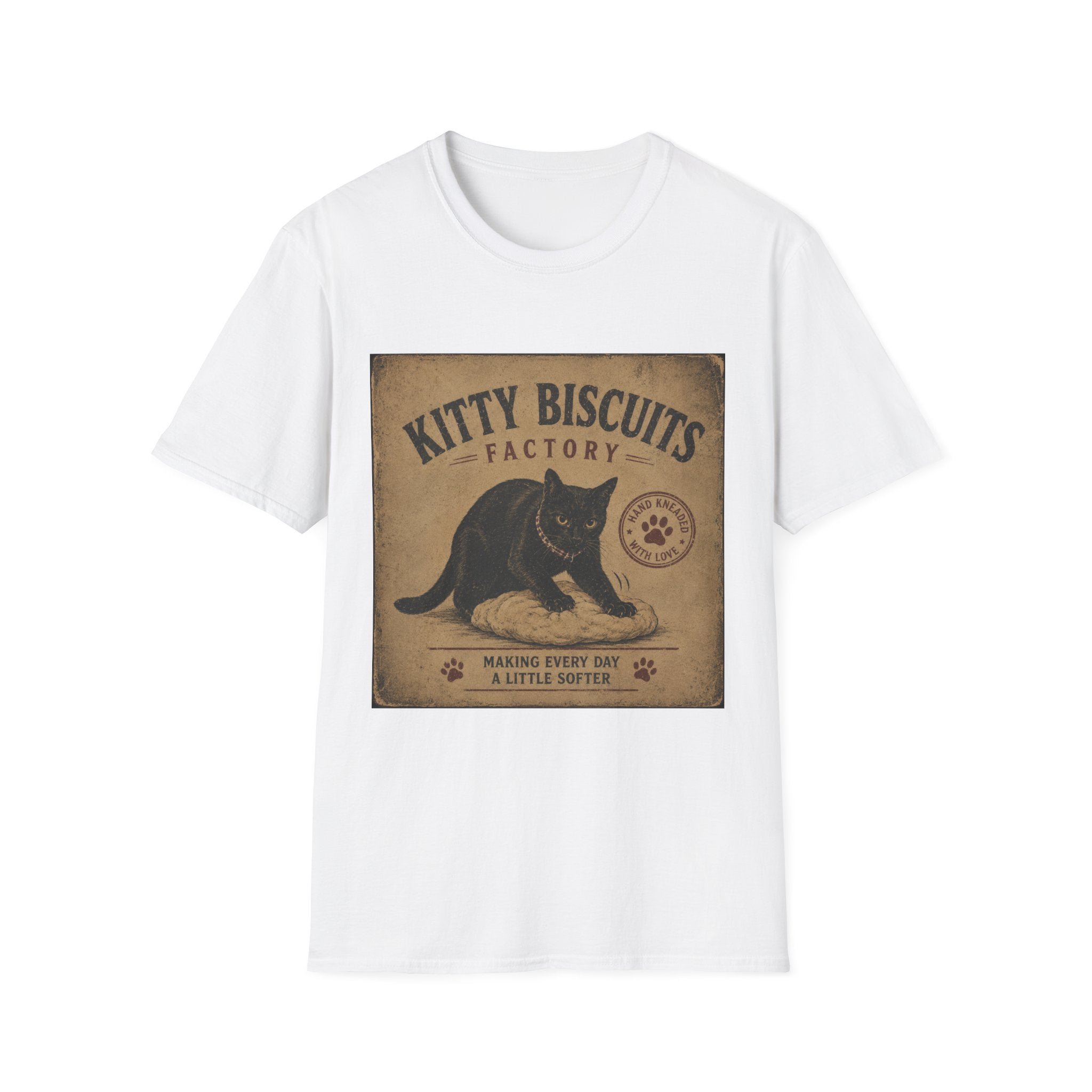 Kitty Biscuits Factory T-Shirt | Vintage Black Cat Illustration