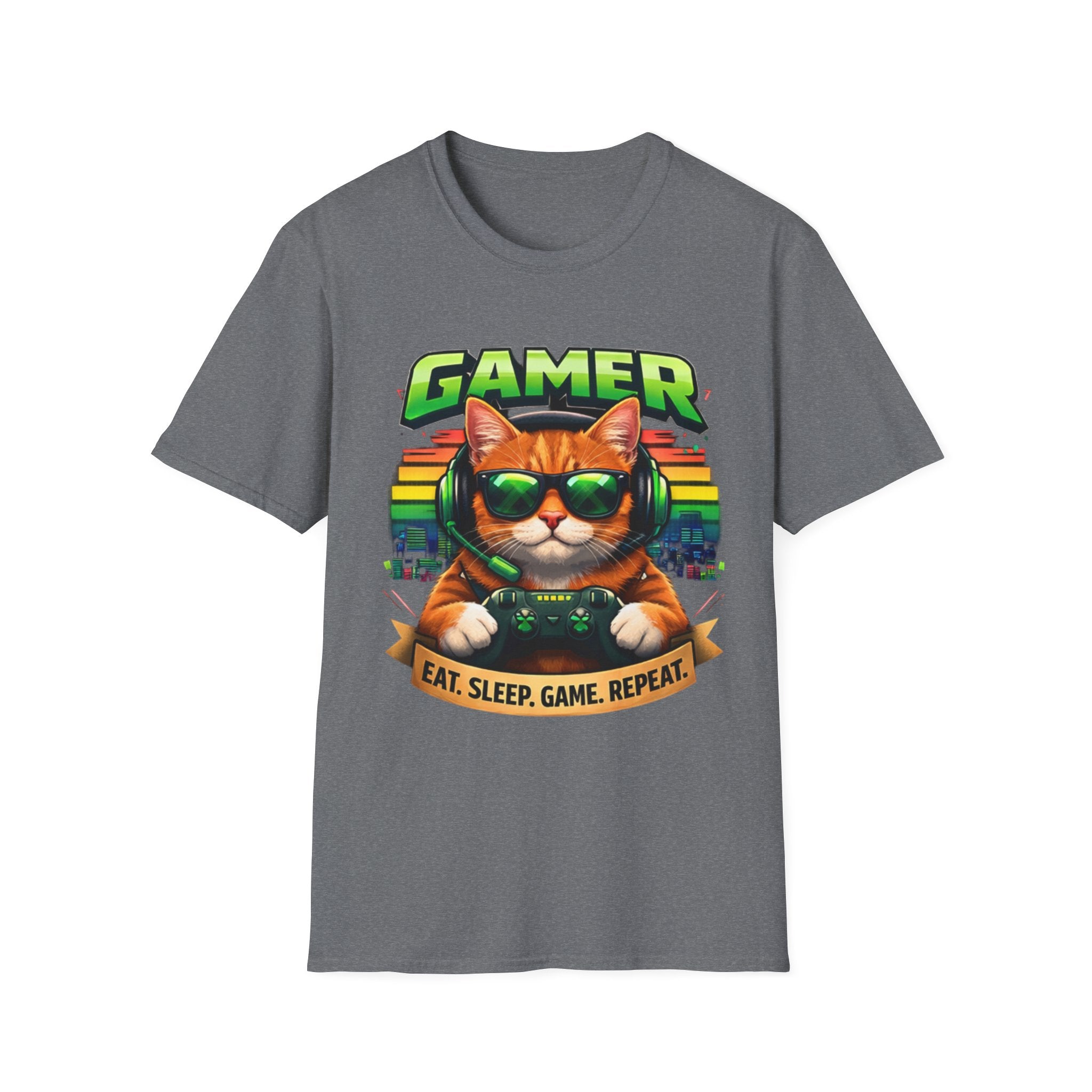 Gamer Cat with Controller T-Shirt | Eat Sleep Game Repeat