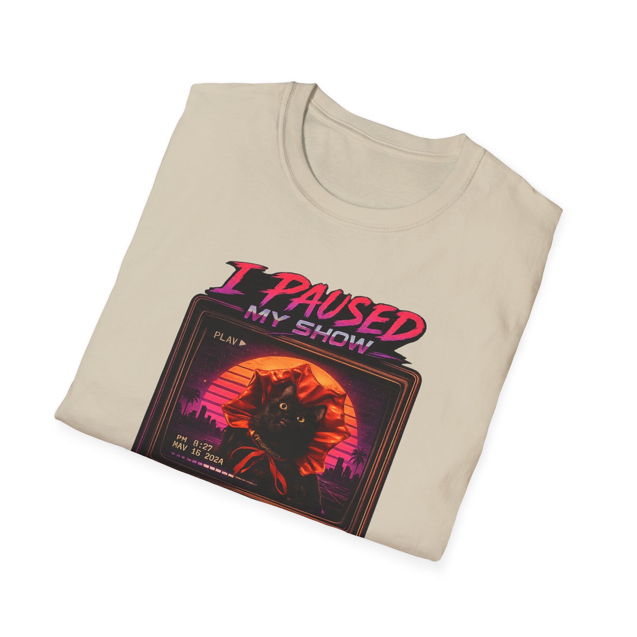 I Paused My Show Cat Watching Graphic T-Shirt | Retro Synthwave TV Design