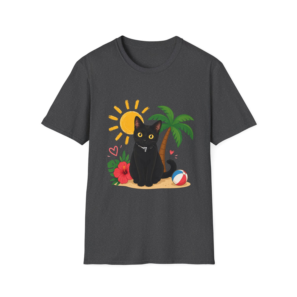 Black Cat Beach Scene T-Shirt | Palm Tree, Sun, Hibiscus