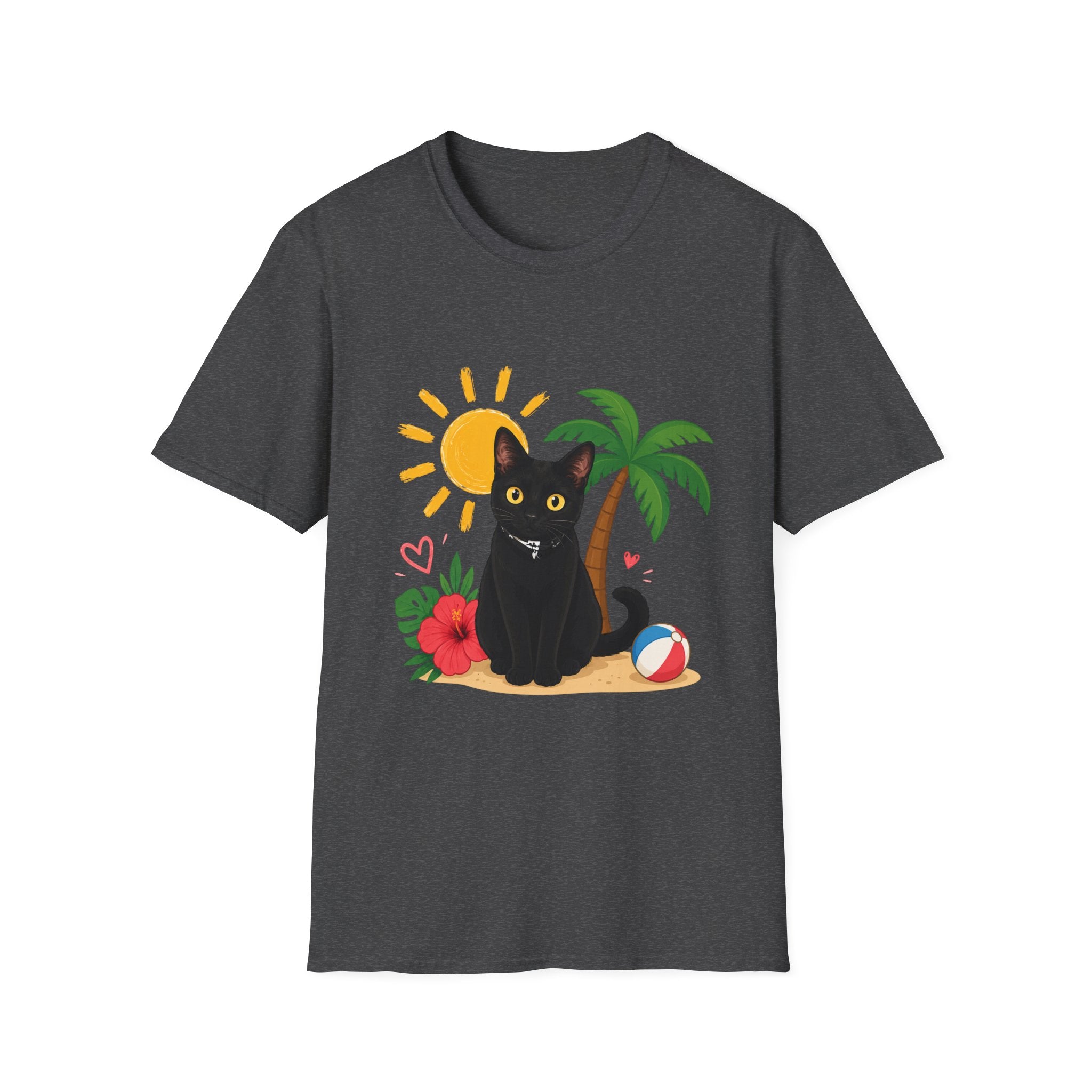 Black Cat Beach Scene T-Shirt | Palm Tree, Sun, Hibiscus