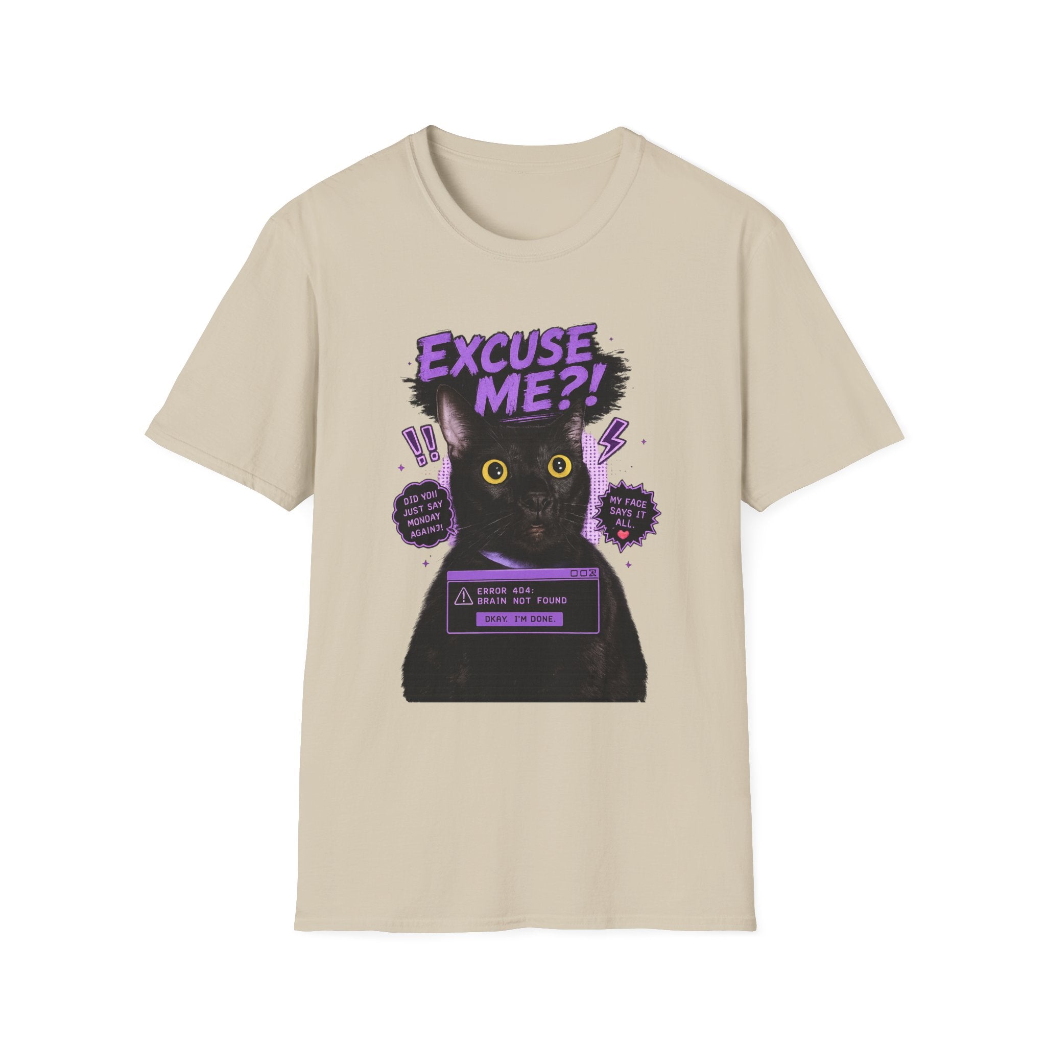 Excuse Me?! Black Cat Graphic T-Shirt | Retro Purple Horror Pop Art