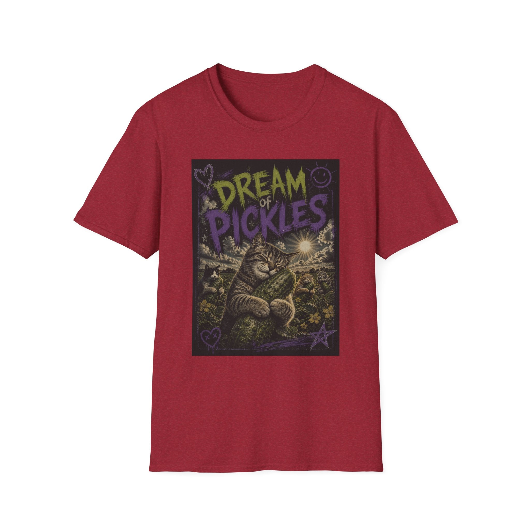 Dream of Pickles cat illustration T-Shirt | whimsical night scene, purple text