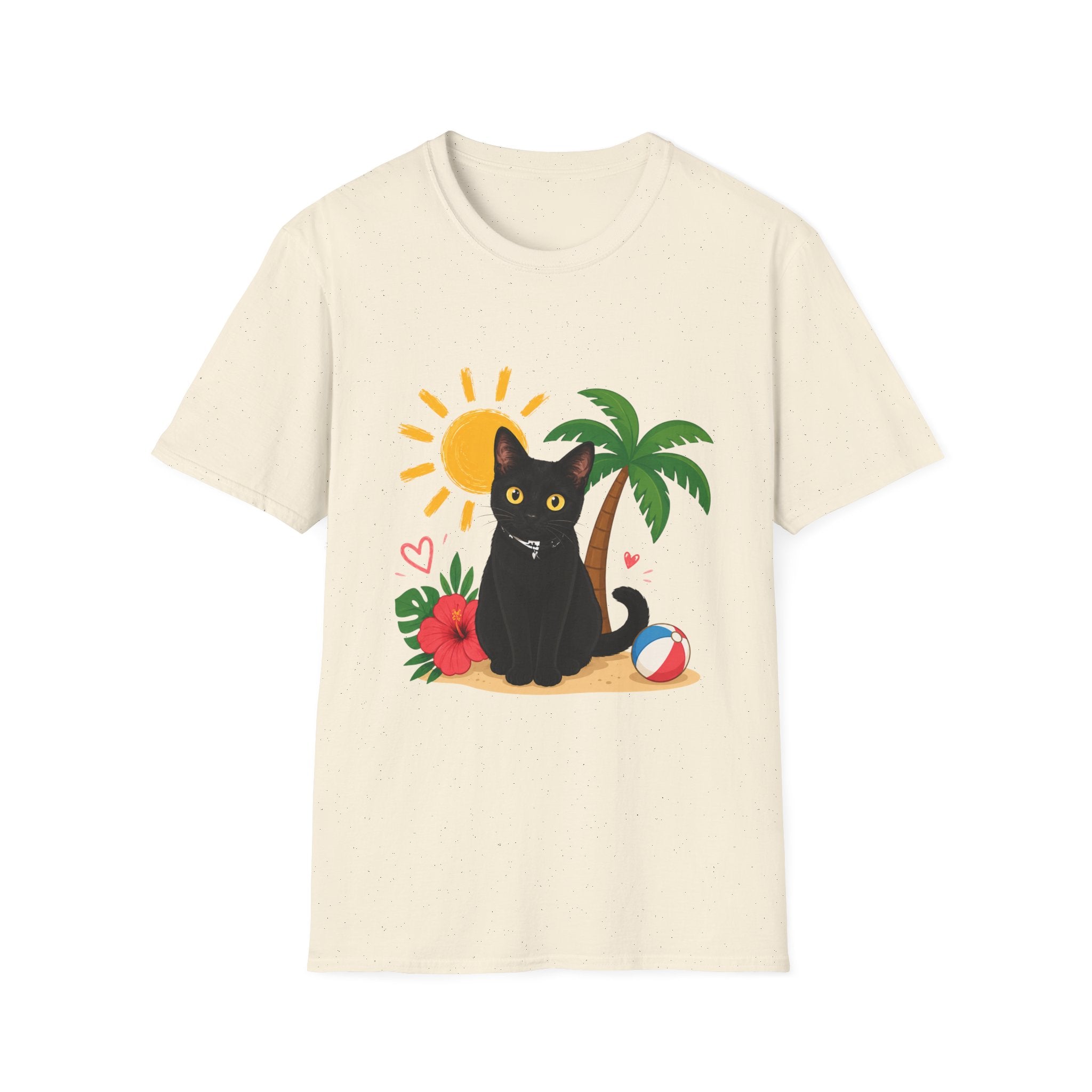 Black Cat Beach Scene T-Shirt | Palm Tree, Sun, Hibiscus